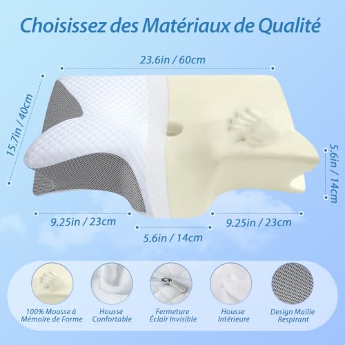 Thumbnail 1 de HOMCA Oreiller Ergonomique Cervical à Mémoire de Forme – soutien cervical ajustable 60x40x12/14 cm