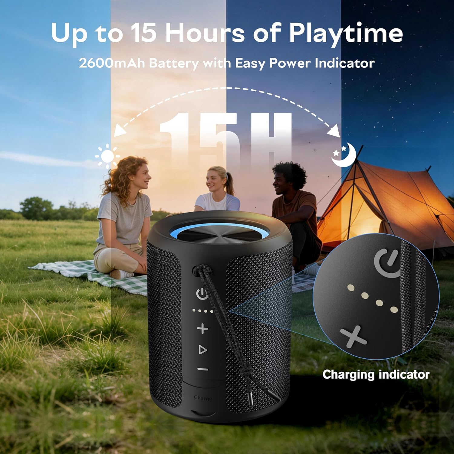 Detalle de DUDGSIS Portable Bluetooth Speaker (IPX7, 20W Stereo) with Beat-Synced RGB Light