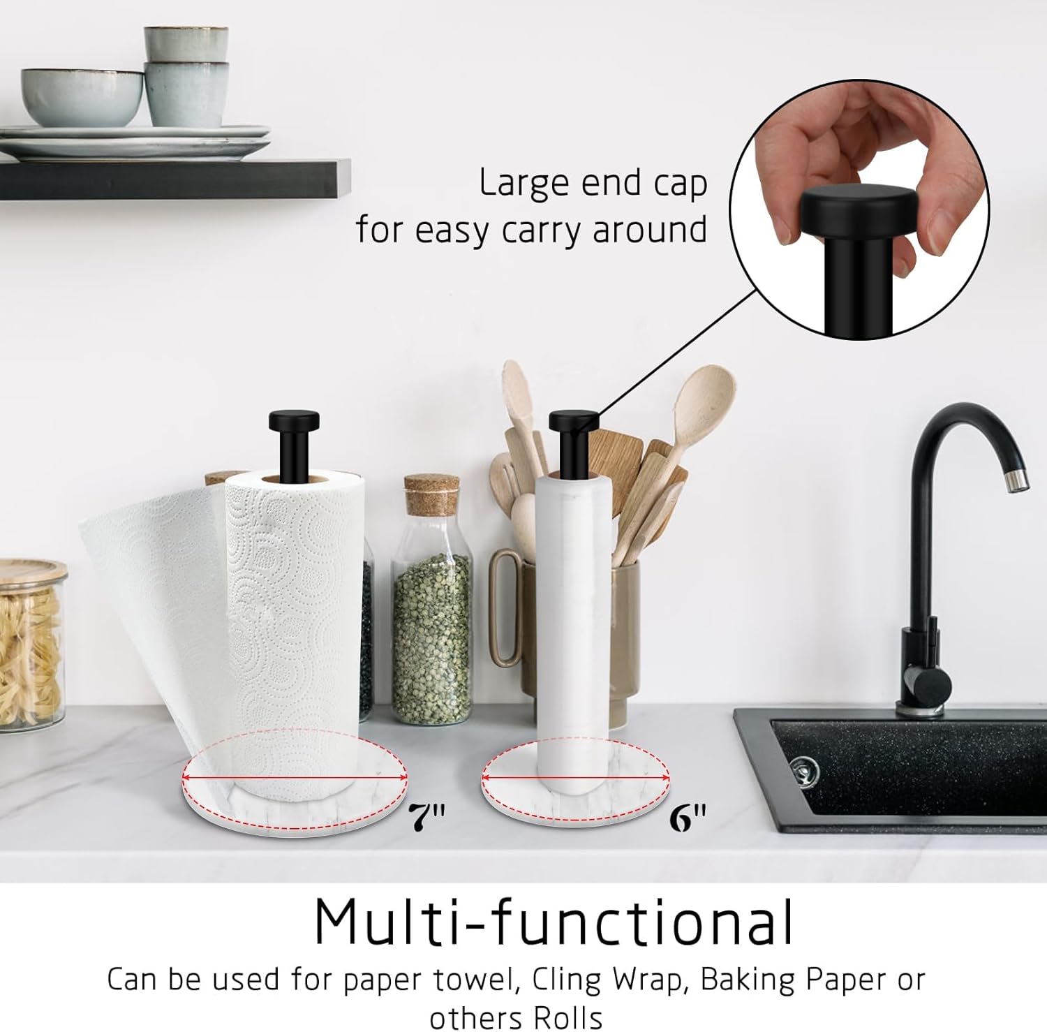 Thumbnail 4 de Paper Towel Holder Countertop with 18cm Marble Base and Stainless Steel Stand – White/Black