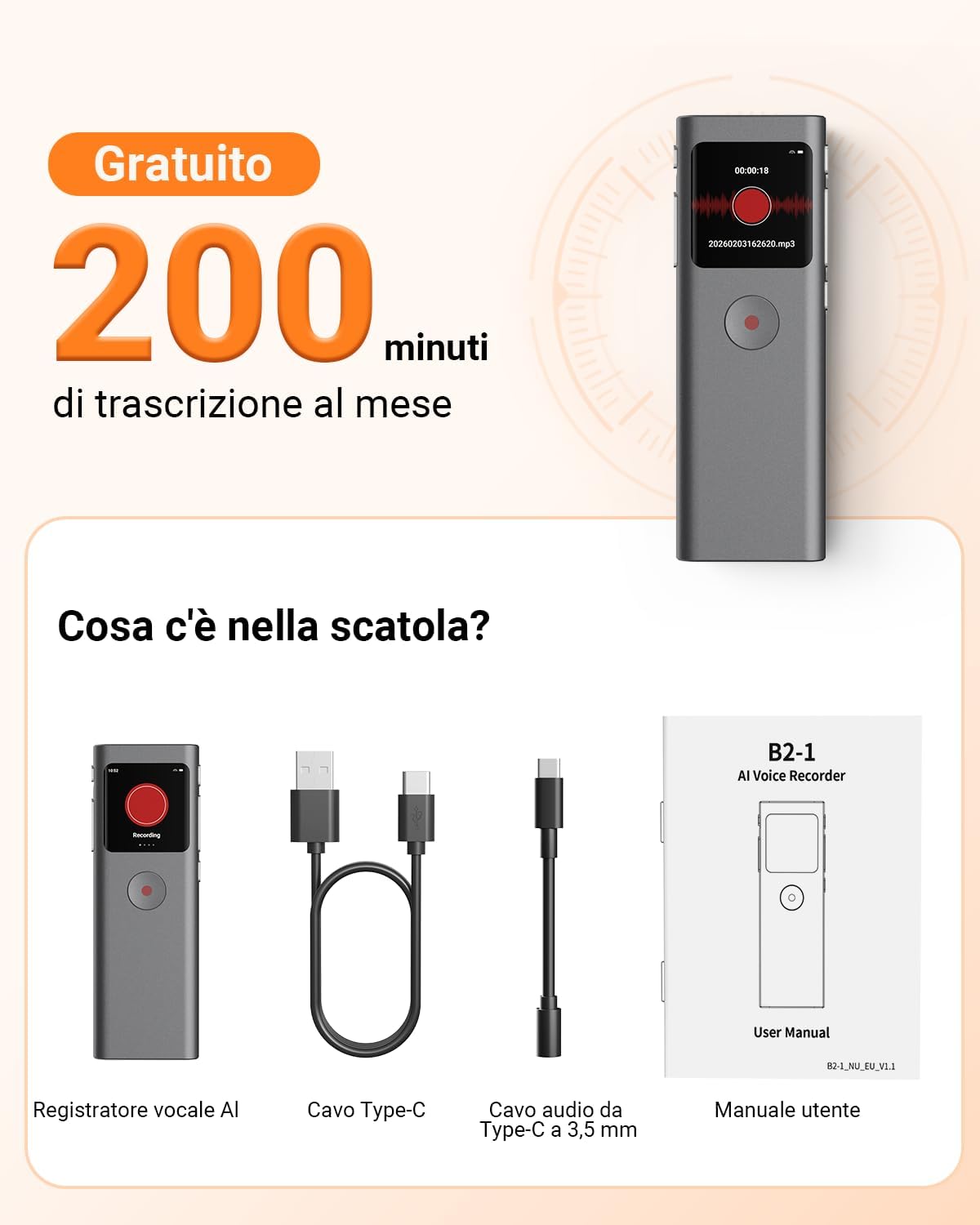 Thumbnail 6 de NUASI Registratore Vocale AI 64GB: registrazione, trascrizione e riassunti con supporto multilingue