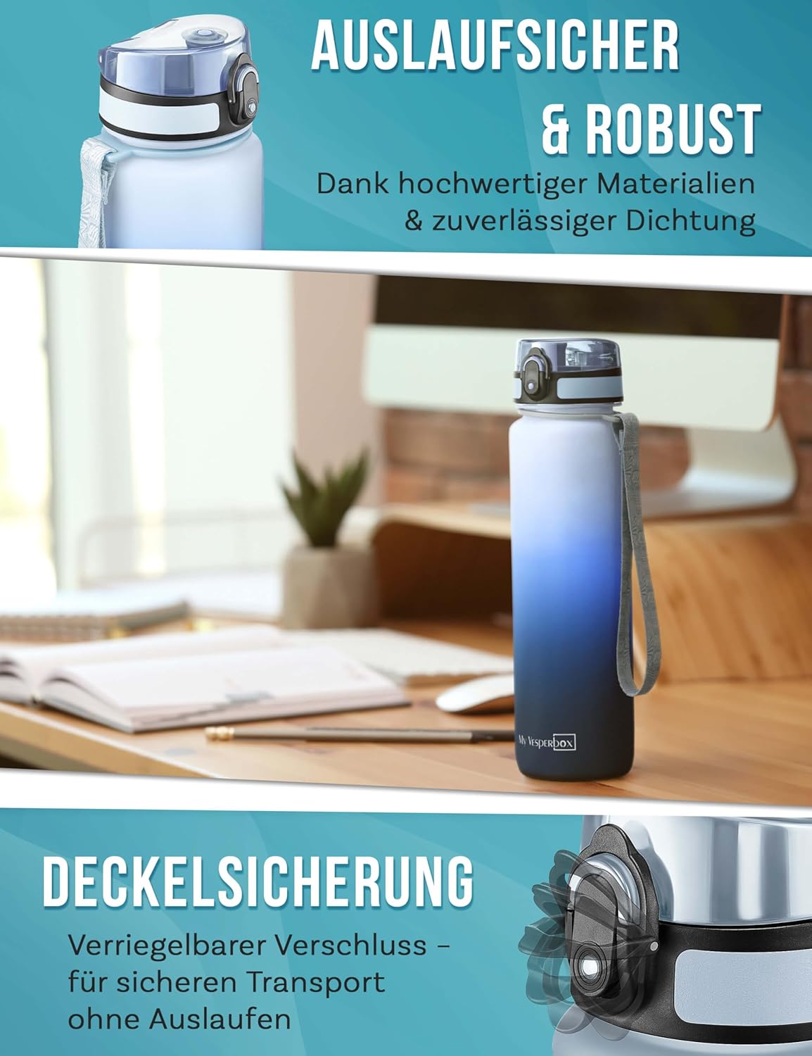 Thumbnail 2 de My Vesperbox Minny Kinder-Trinkflasche auslaufsicher 750 ml (Blauverlauf) mit Strohhalm oder Sieb, BPA-frei