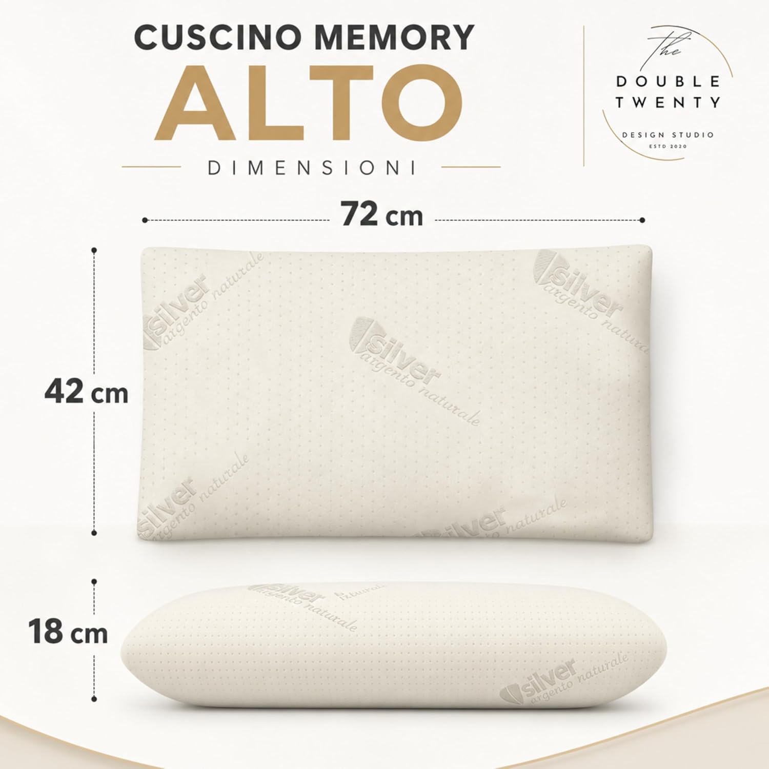Detalle 2 de The Double Twenty Cuscino Antirussamento in Memory Foam – Sostegno Ergonomico alto 18 cm con fodera in argento naturale