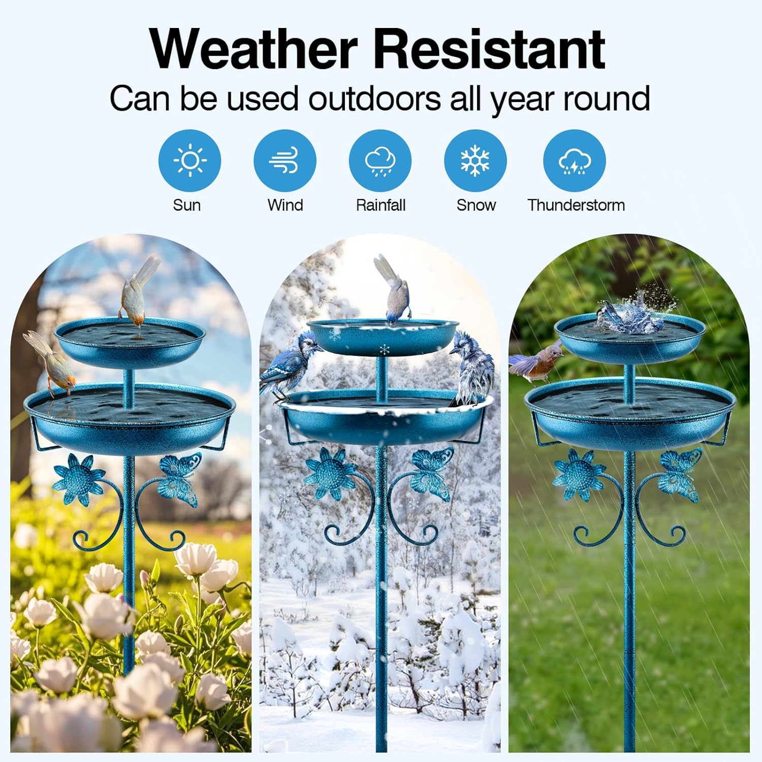 Thumbnail 4 de Yepper 42in Double Vintage Metal Bird Bath with Feeder Bowl, Freestanding Outdoor Garden Patio Yard Decor (Blue)