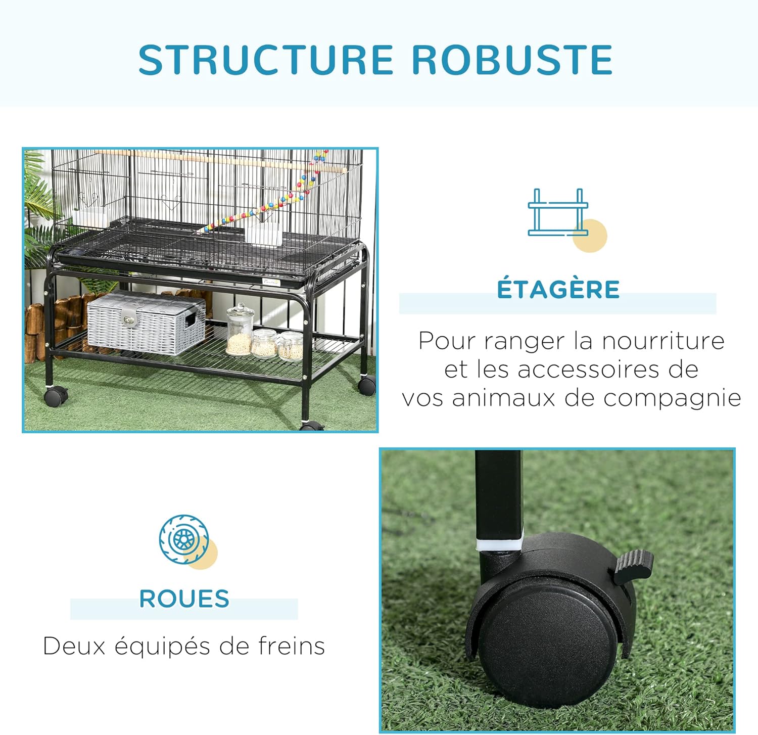 Detalle de PawHut Cage à Oiseaux avec Support à Roulettes – Volière Grande Taille 79x49x133 cm (Perruche/Canari), 10 Portes, Espacement 1 cm, Noir