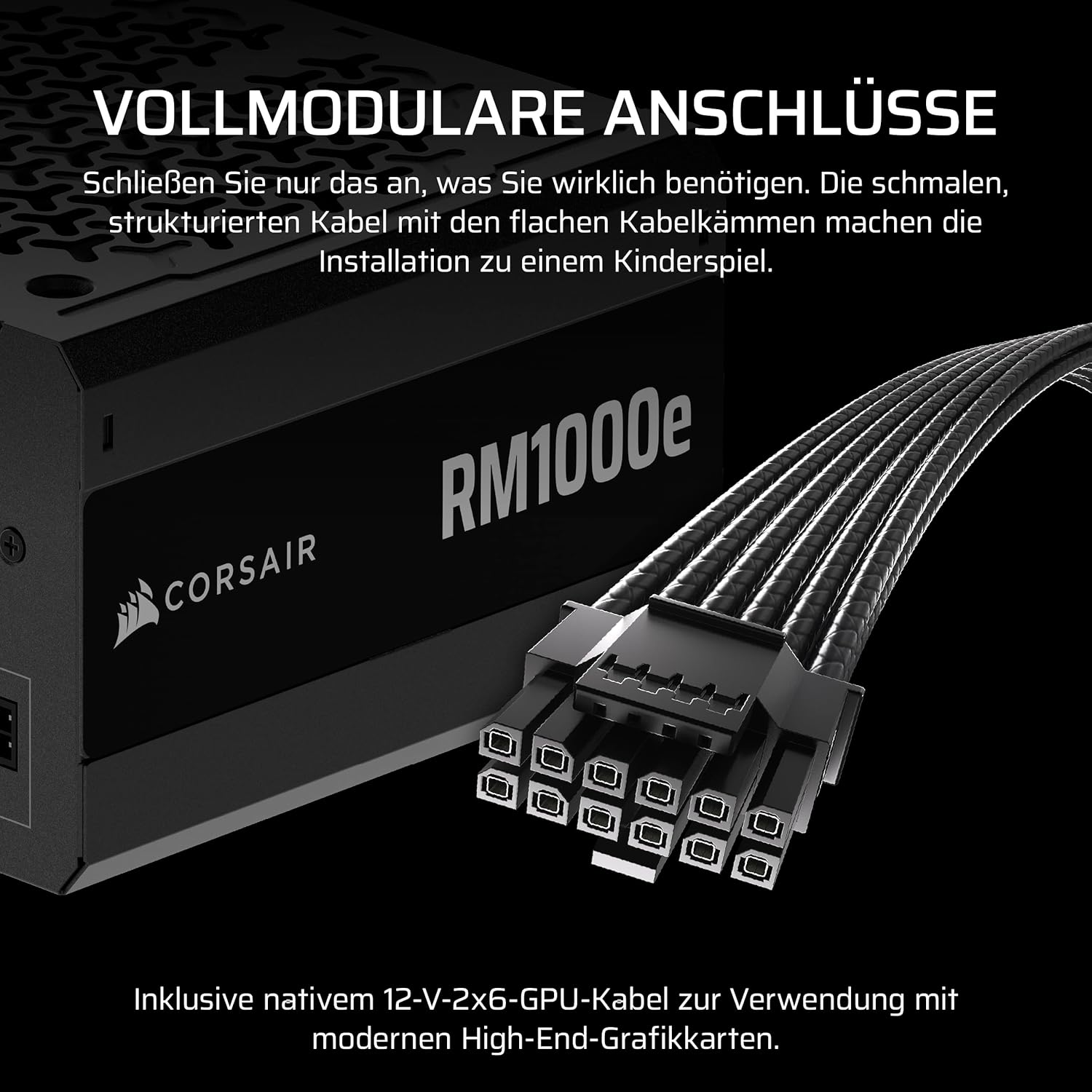 Detalle de CORSAIR RM1000e (2025) – Geräuscharmes ATX-Netzteil mit Zero RPM und ATX 3.1-Kompatibilität
