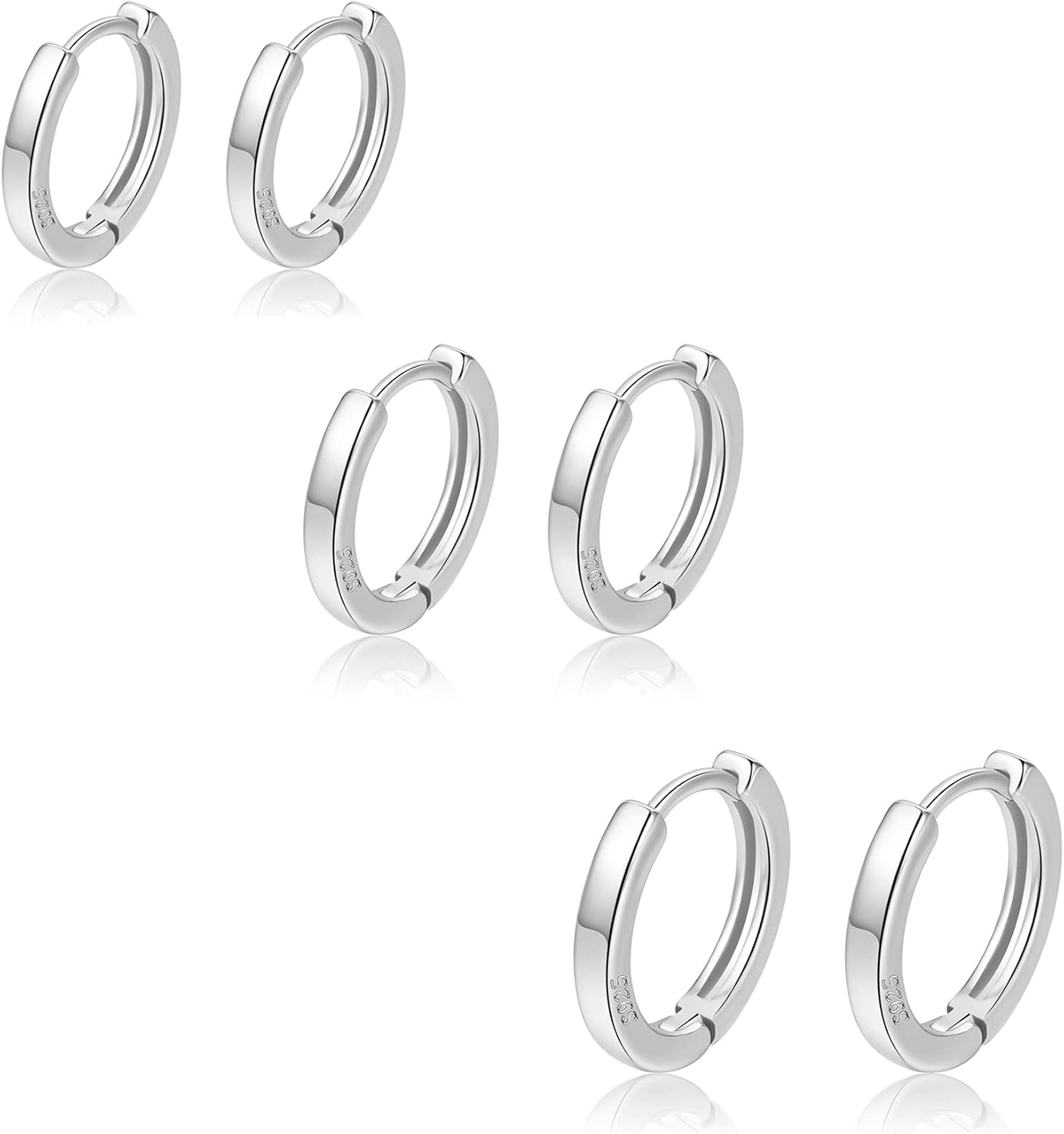 Detalle de 3 Pairs Sterling Silver Hoop Earrings for Women – S925 Huggie Hoops with Cubic Zirconia by PRETOLE
