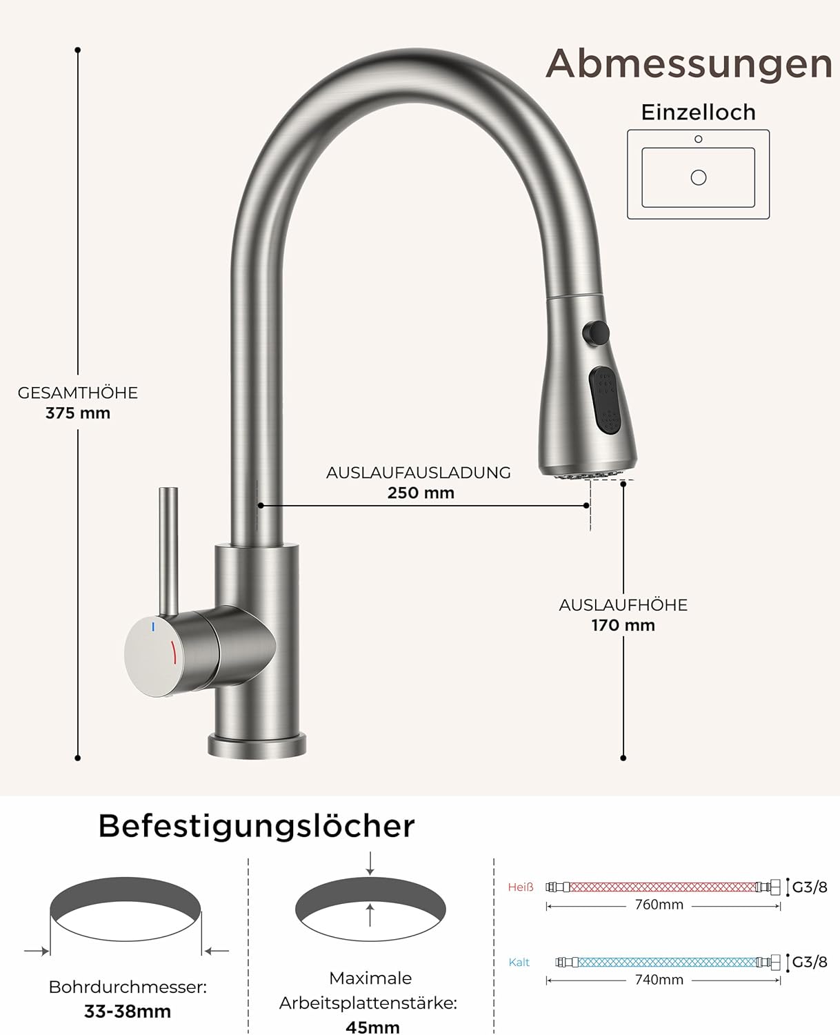 Thumbnail 2 de FORIOUS Küchenarmatur Niederdruck mit herausziehbarer Brause – Edelstahl 304, 360° Schwenkbar, 3 Anschlüsse, ABS Sprühkopf, G3/8