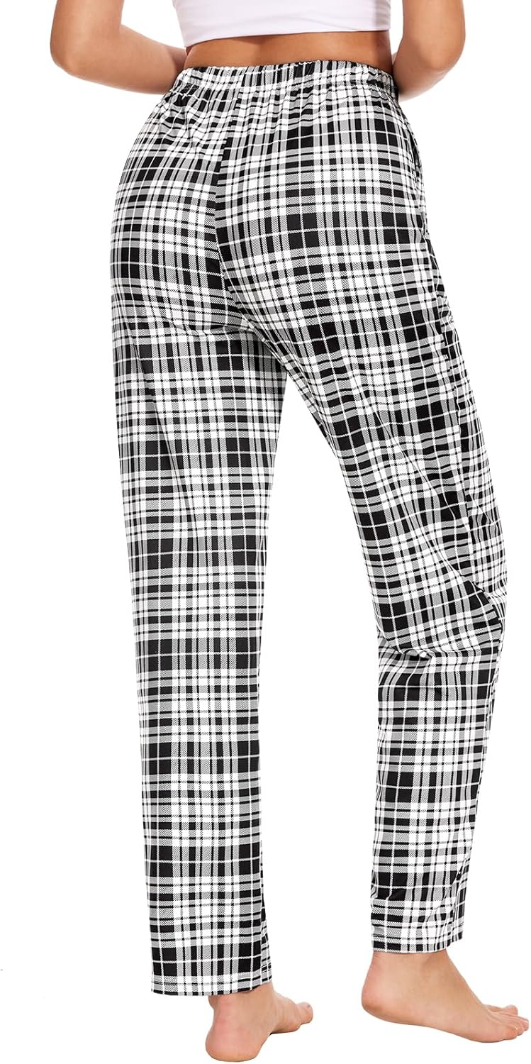 Detalle de Knuffnee Women’s Pyjama Bottoms – Plaid Wide-Leg Lounge Pants with Pockets (2 Pack)