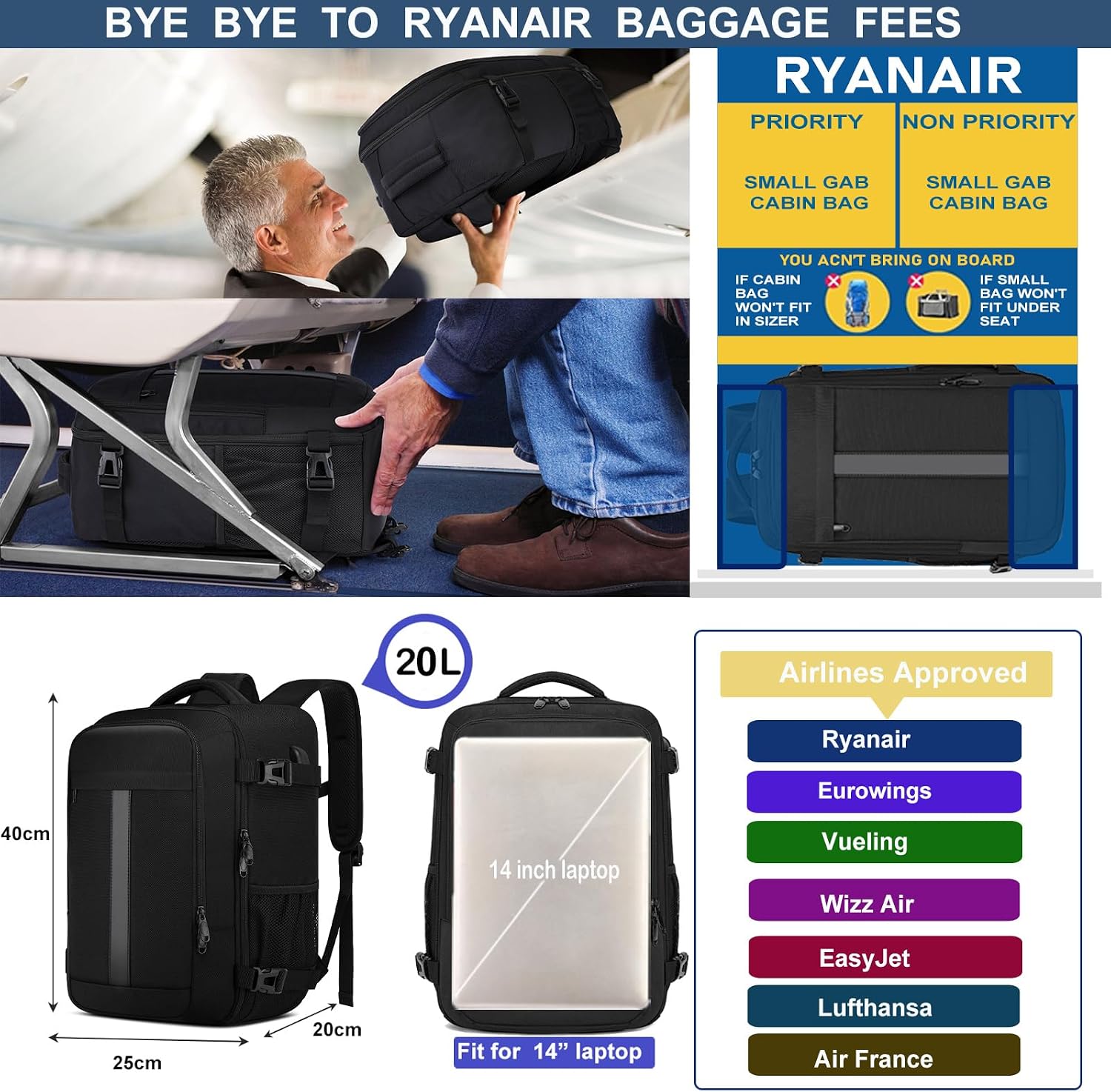 Thumbnail 1 de PUSLOM handbagagerugzak 40 x 20 x 25 cm, 20 liter en USB-aansluiting