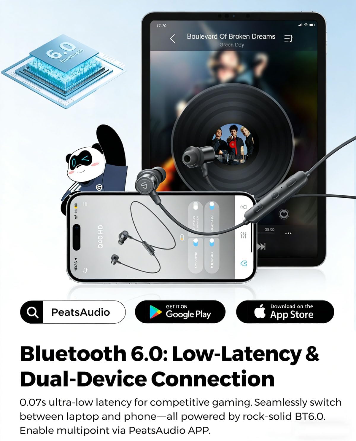 Detalle 2 de SoundPEATS Q40HD neckband Bluetooth earphones with LDAC Hi-Res Audio and IP67