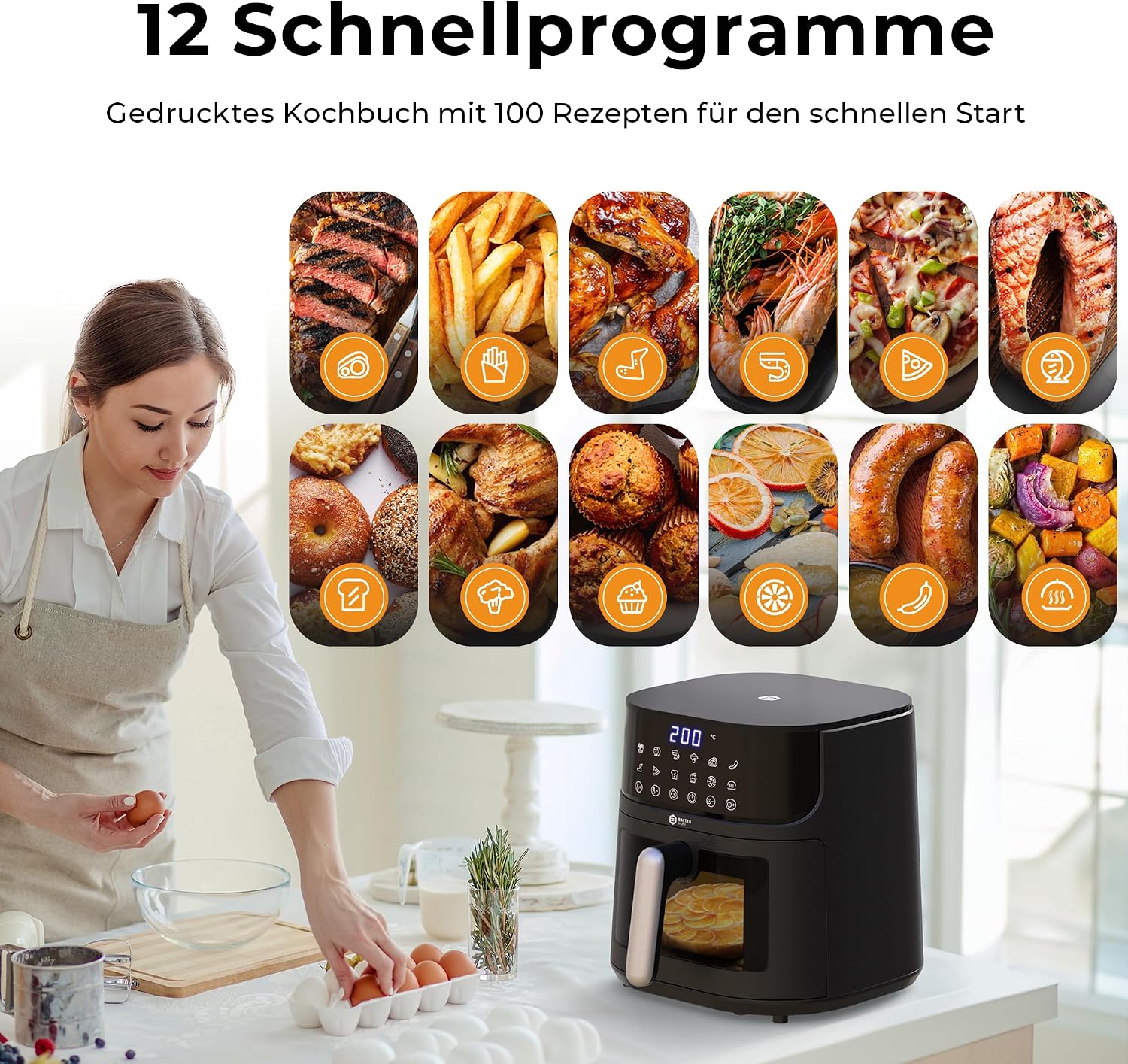 Detalle 2 de Balter HL-551T Heißluftfritteuse (Airfryer) XXL, 5,5 l, mit Sichtfenster & 12 Programmen
