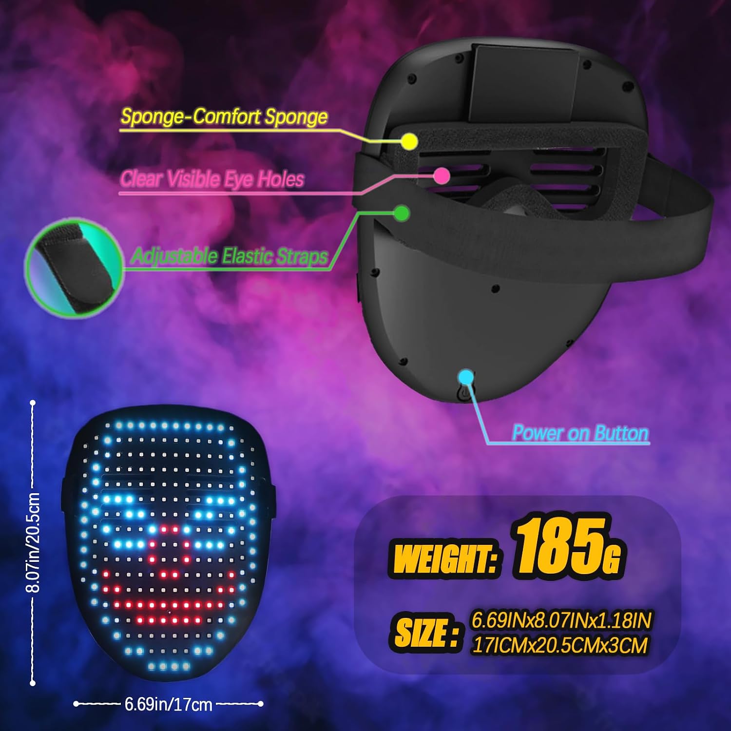 Detalle 1 de Ompusos SMD 2727 LED Light-Up Mask, 50 Patterns, Gesture Control