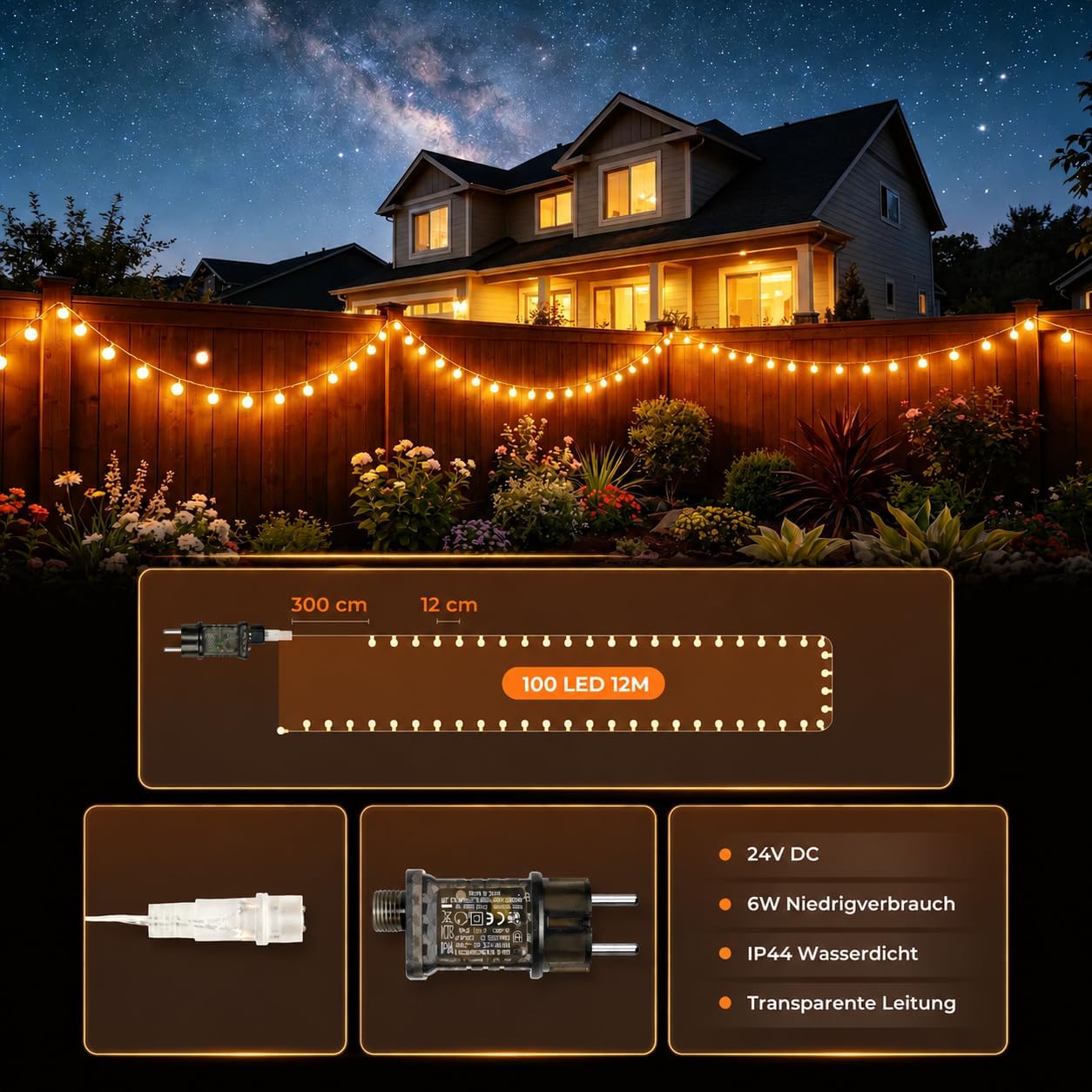 Detalle de kozamas LED Kugel-Lichterkette 15 m (100 LED) warmweiß, IP44 – 8 Modi für Außen & Innen
