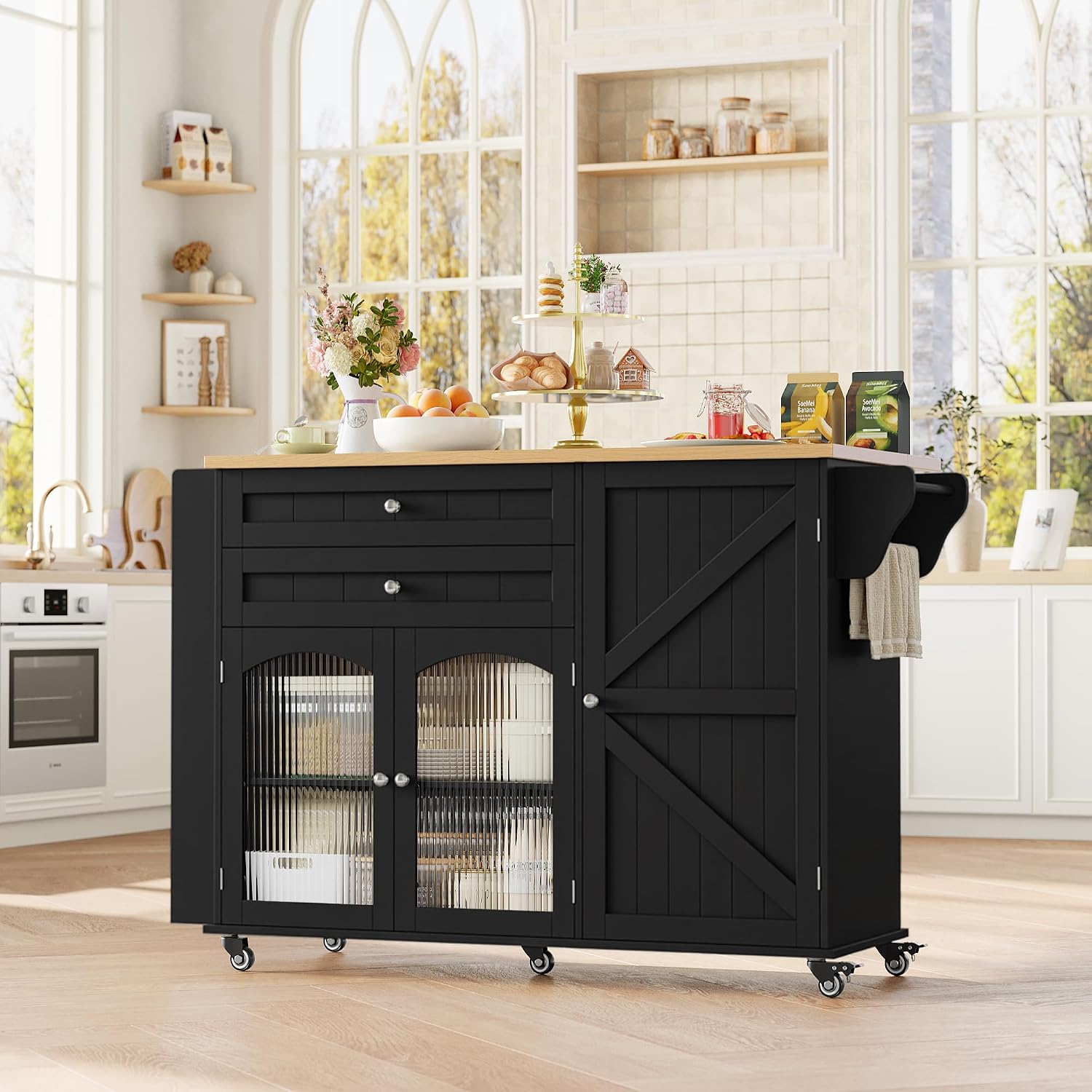 Detalle de FirFurd M218 Kitchen Island with Folding Worktop, Wheels, 2 Drawers and 3 Doors