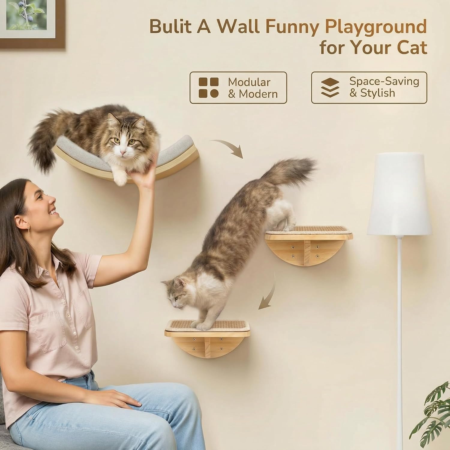 Detalle 2 de Cats Wall Shelves with Sponge Mat and Curved Nest — Wall-Mounted Cat Climbing Frame with 2 Steps