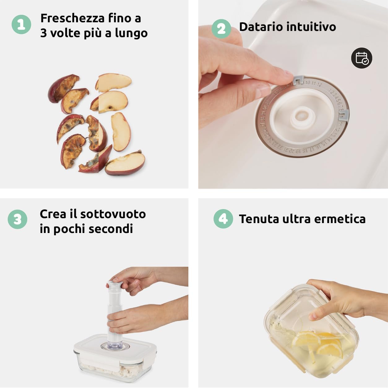 Detalle 2 de Set di 3 contenitori sottovuoto in vetro con datario e coperchio ermetico + pompa manuale