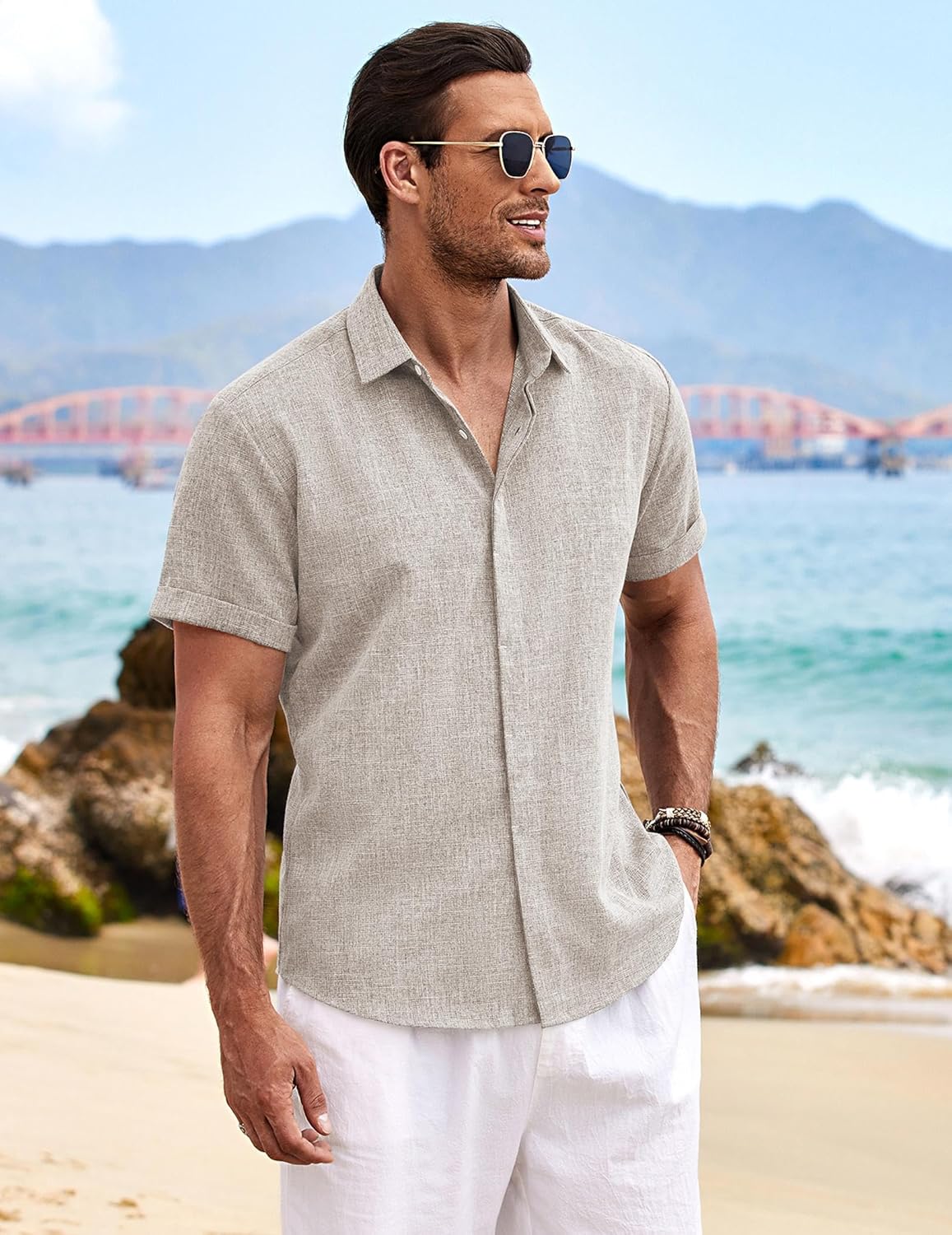 Thumbnail 3 de COOFANDY Men’s Short-Sleeve Linen-Cotton Button-Down Shirt for Summer, Beach, and Weddings