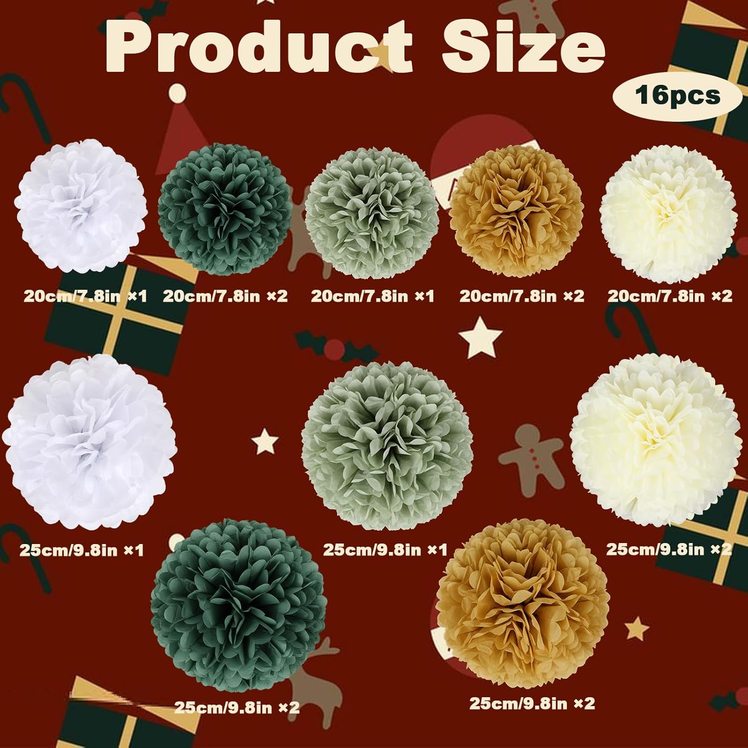 Detalle de BestoFun lot de 16 pompons en papier de soie vert kaki, beige et blanc pour Noël, mariage et fêtes