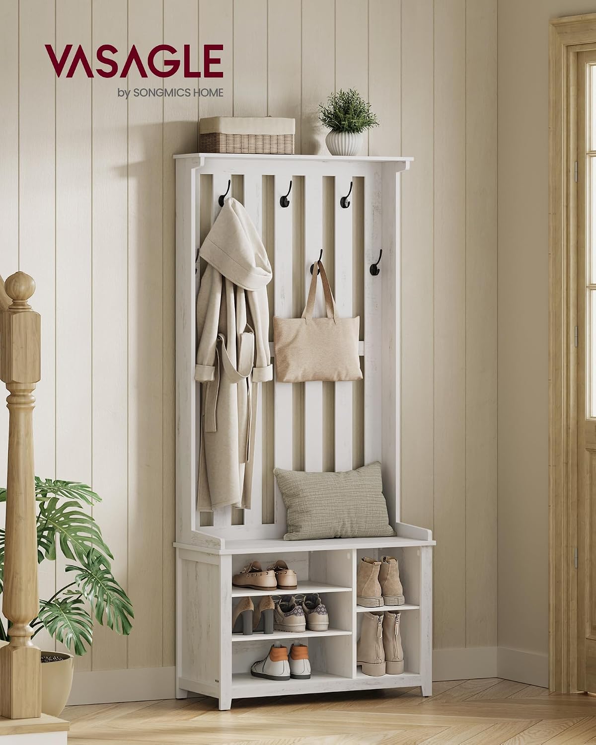 Detalle 2 de VASAGLE HELAN HSR414W01 Coat Rack with Shoe Bench, Adjustable Shelves