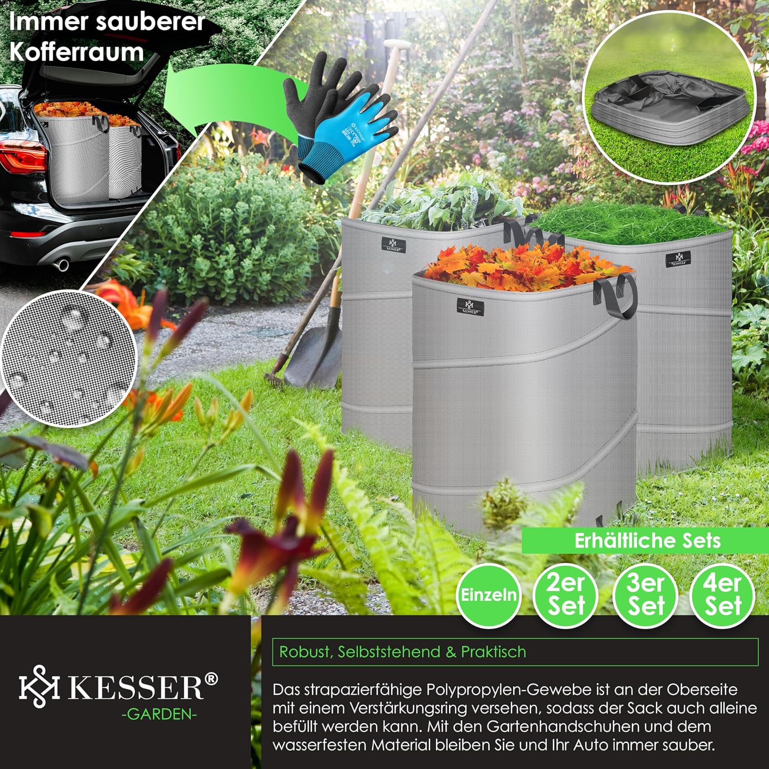 Detalle de KESSER Pop-Up-Gartensack 73L Laubsack – Selbststehend mit Griffe, inkl. Handschuhe