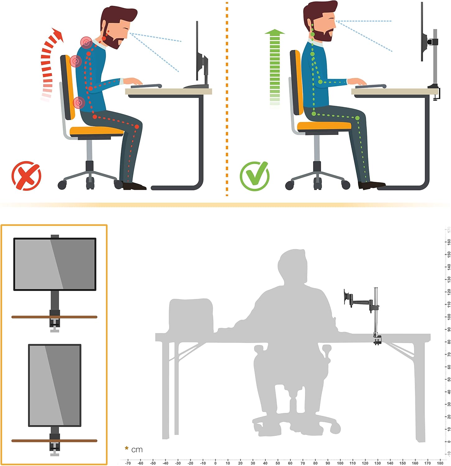 Detalle de Support Écran PC TV RICOO TS2211 – Bras articulé universel, 13 à 32 pouces, fixation bureau