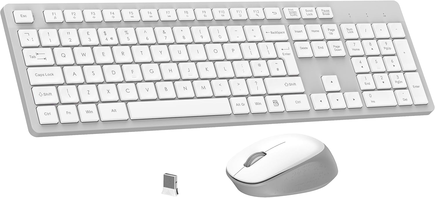 Detalle de LeadsaiL Wireless Keyboard and Mouse Set (UK layout) – Full Size, Ergonomic Stand, Noiseless Click, 12 Shortcuts, White & Grey