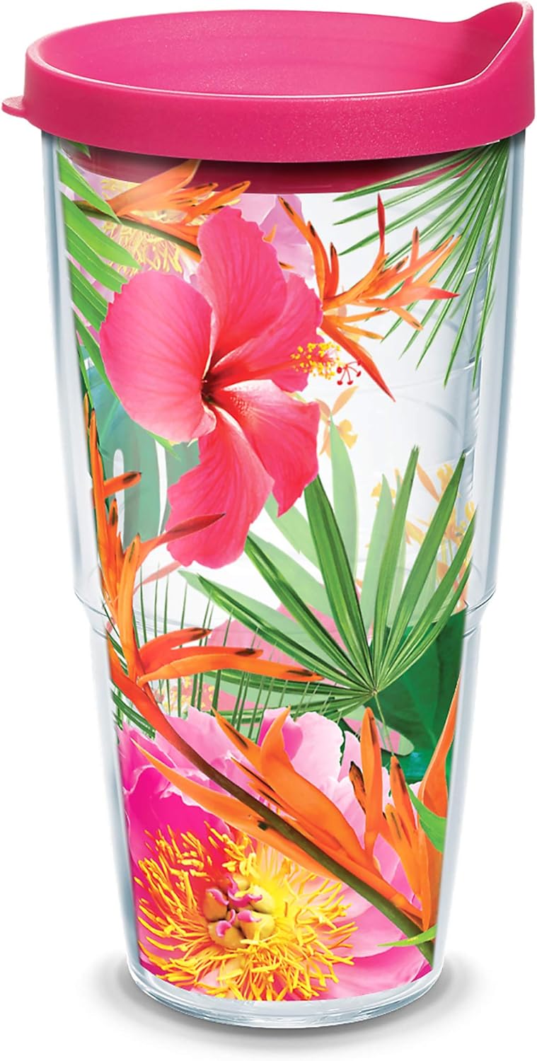 Tervis Tropical Hibiscus Double-Walled Insulated Tumbler Travel Cup (Made in USA), 24oz, Clear