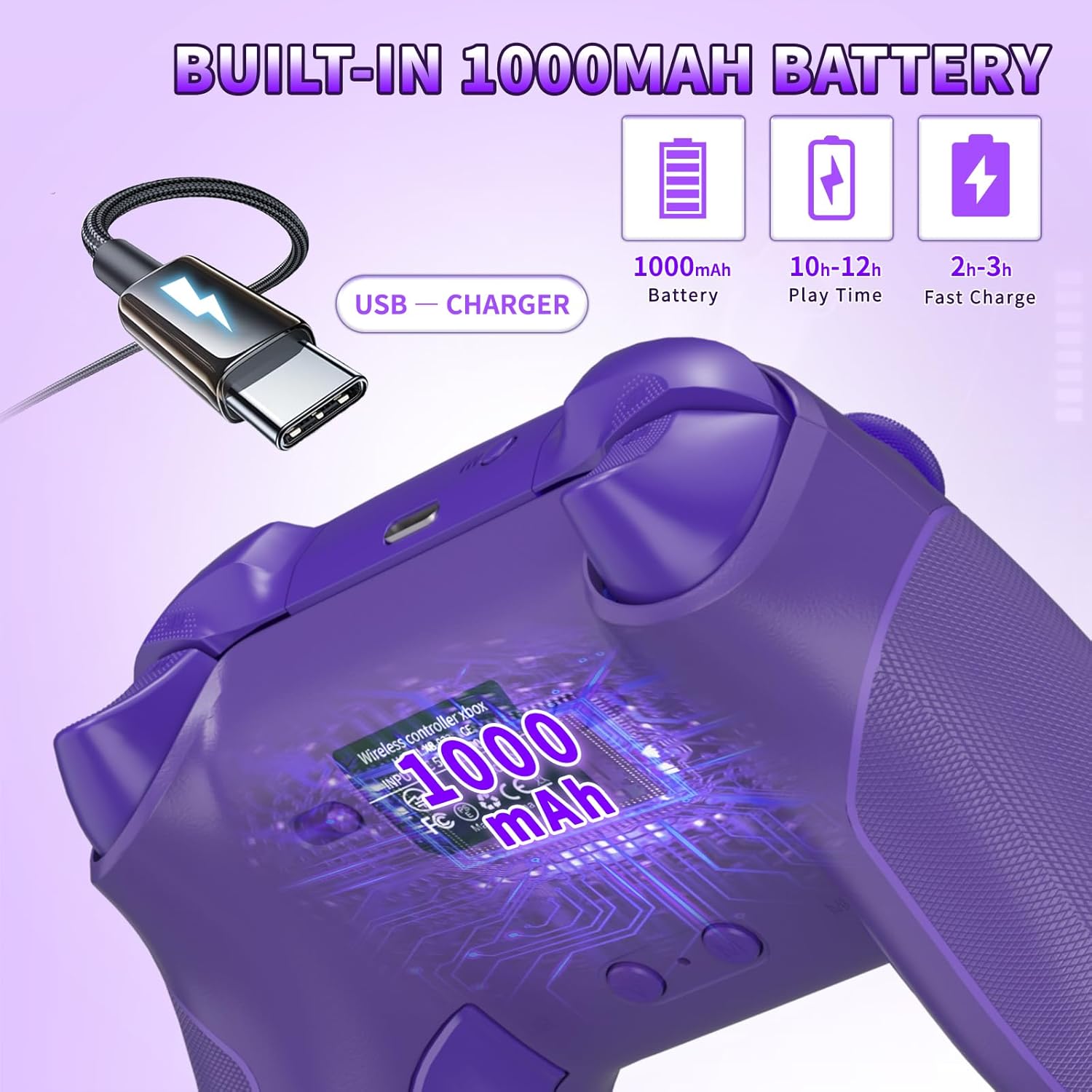 Thumbnail 4 de Wireless 2.4GHz Controller for Xbox One — 7-Color RGB Lights, 1000mAh Battery, Turbo & Programmable Keys (Purple)