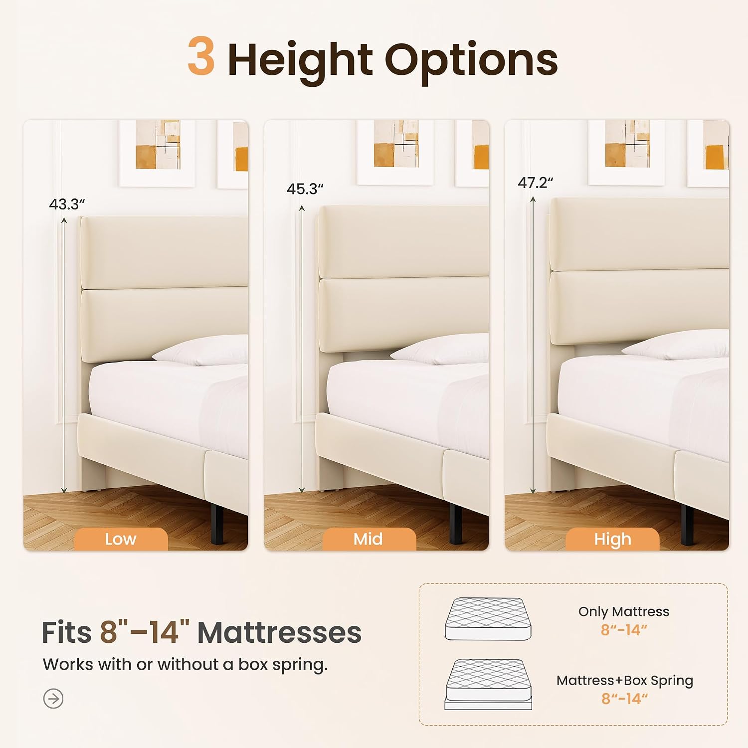 Detalle de GRUSIGN HFCJ-Q-WHT Queen Platform Bed Frame with Adjustable Beige Velvet Headboard