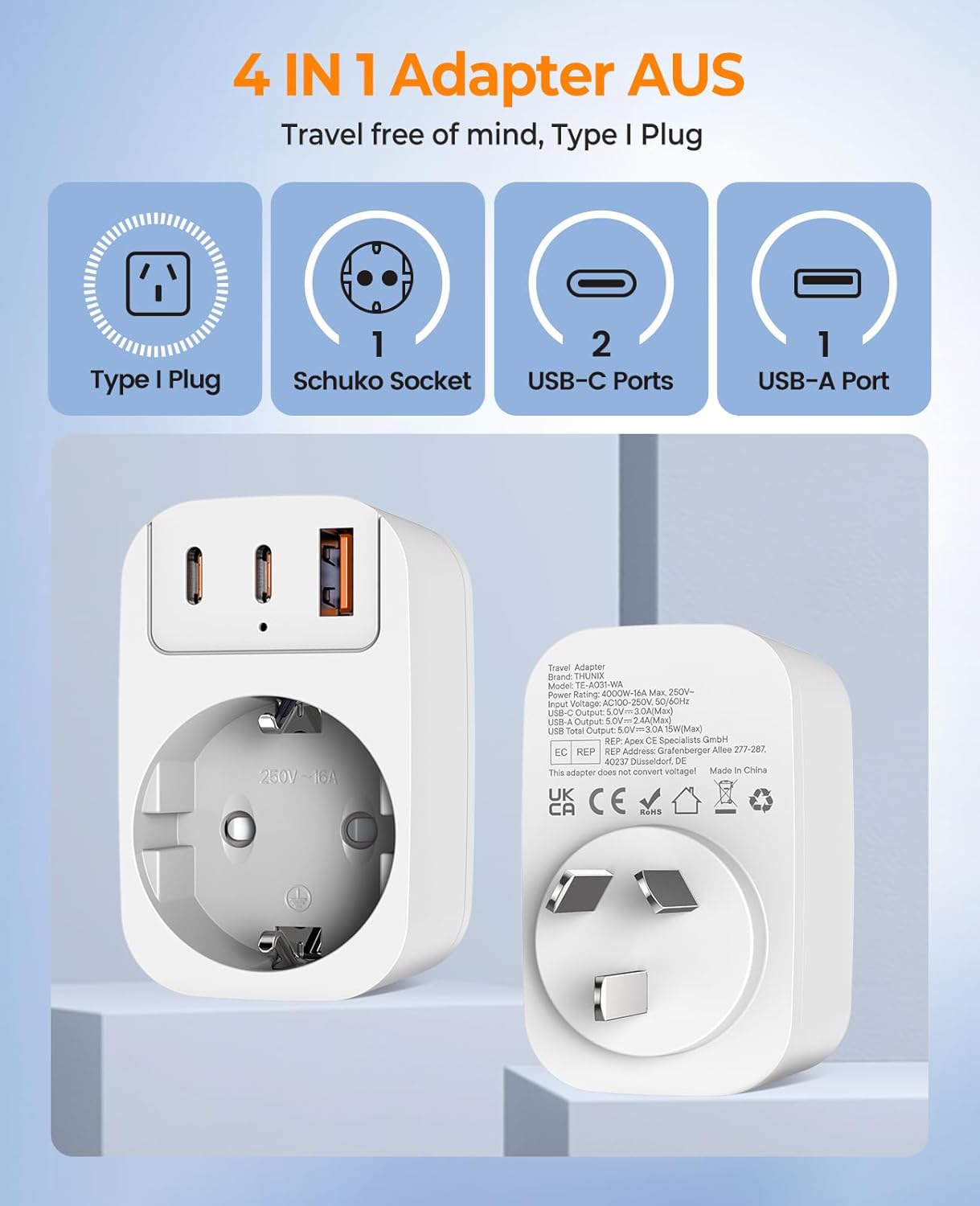 Thumbnail 1 de THUNIX Adaptateur voyage Australie/Chine 4 en 1 avec USB A et 2 USB-C (Type I) – Blanc