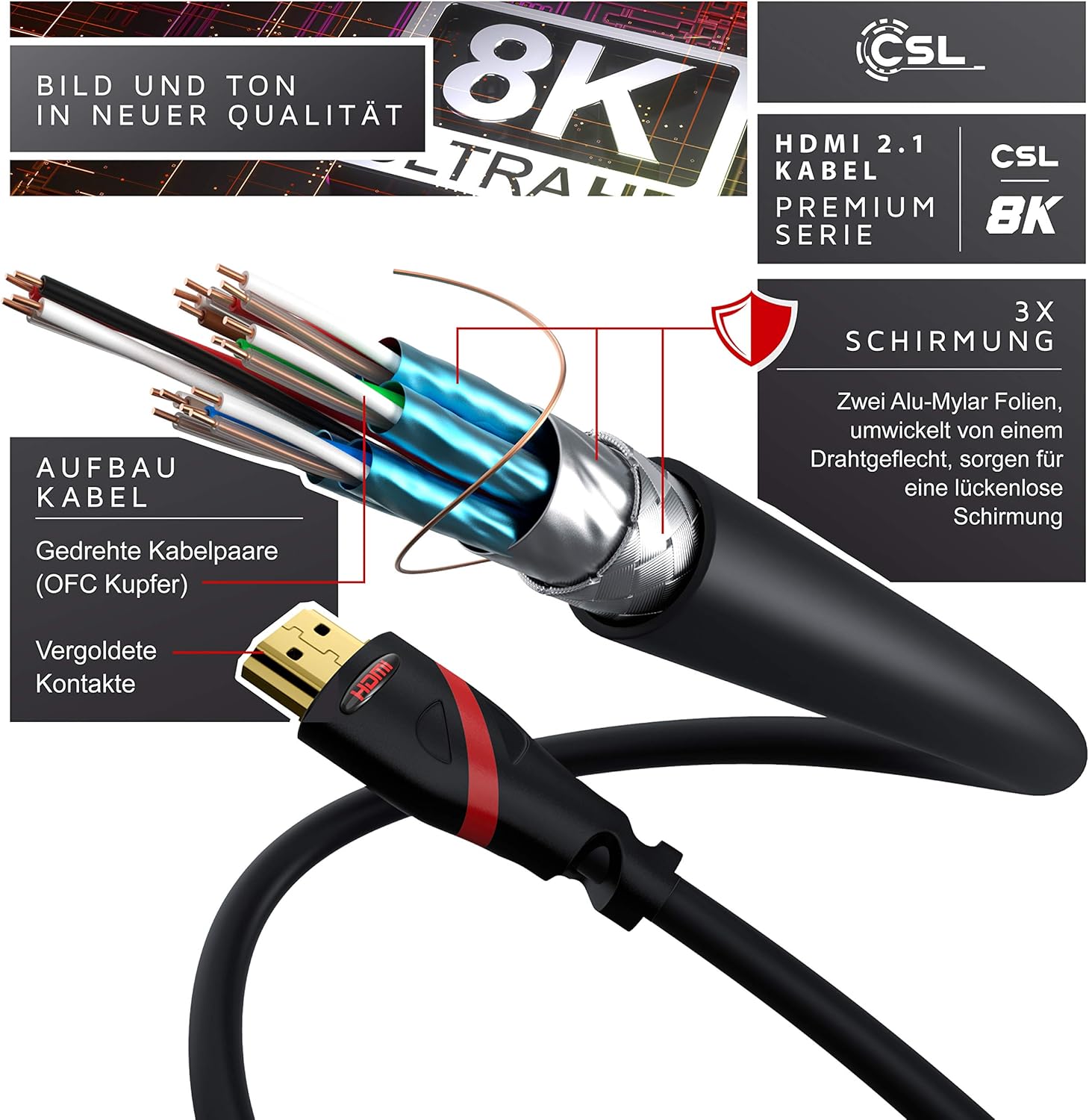 Thumbnail 1 de CSL HDMI 2.1/2.0 Ultra High Speed Kabel (1 m) – 8K@60Hz, 4K@120Hz mit DSC, 48 Gbit/s und Ethernet