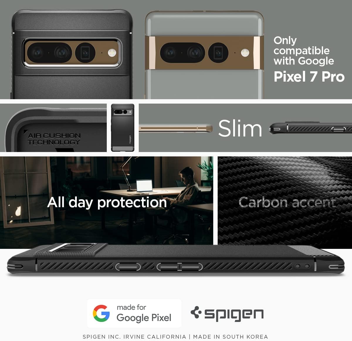 Detalle de Spigen Cover Rugged Armor per Google Pixel 7 Pro, TPU flessibile e bordi rialzati (Nero)