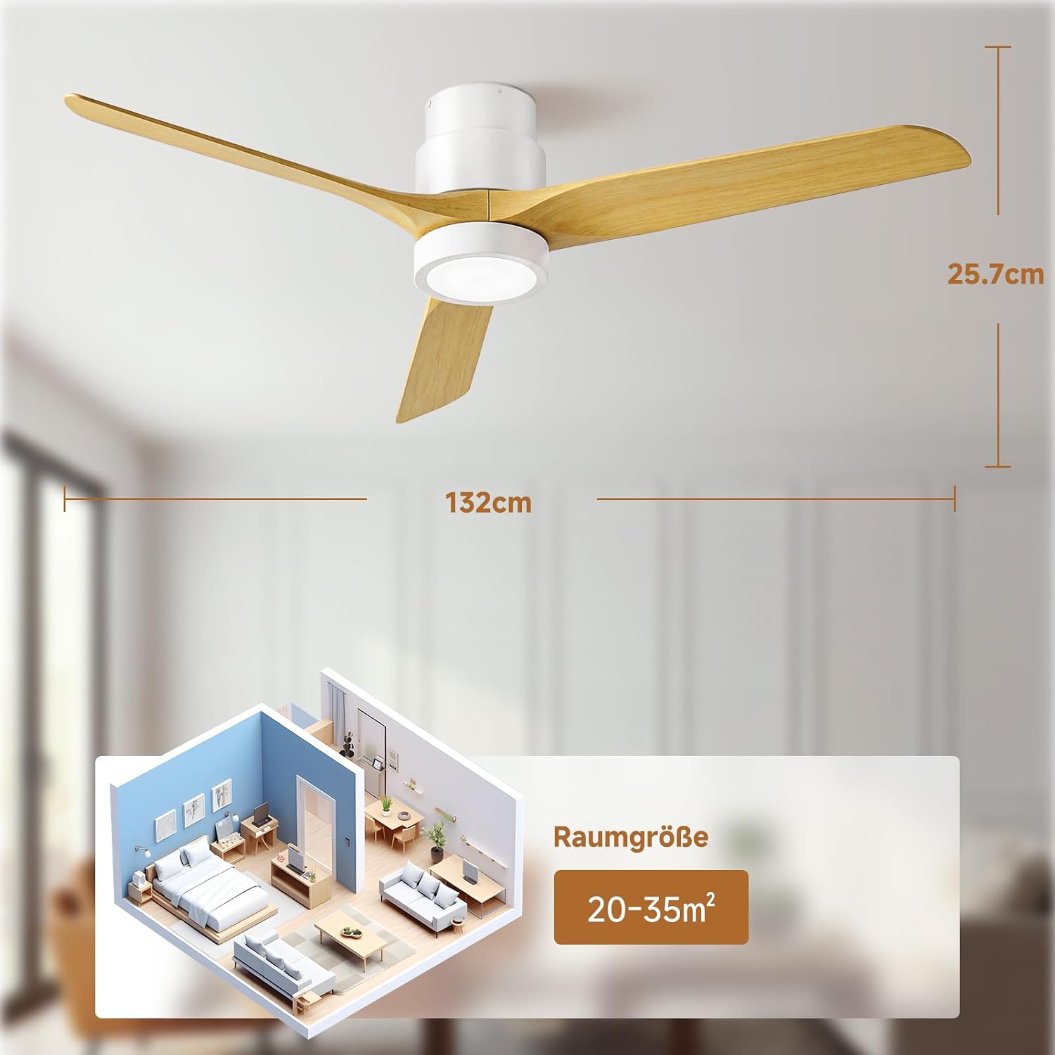 Detalle de Ateroll 132 cm Deckenventilator mit Beleuchtung – leiser DC-Motor, 6 Geschwindigkeiten, Timer 1/4/8h, Dimmbare LED