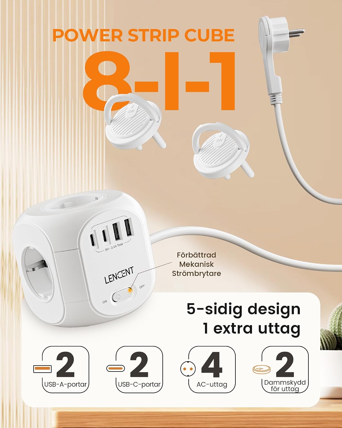 Detalle de LENCENT SL-805E-F-10M grenuttag med 10 m kabel, 4 uttag och USB-C
