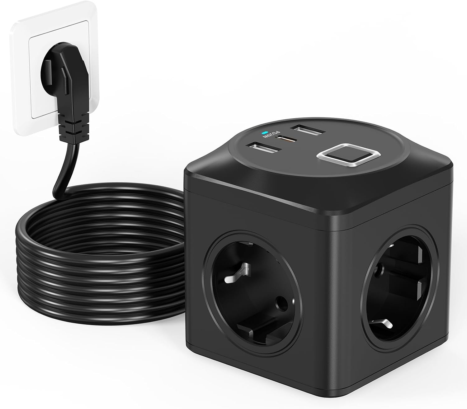 Detalle de Steckdosenwürfel mit USB – 6-in-1 USB-Steckdosenleiste, 3x EU-Steckdosen + 2x USB-A + 1x USB-C, 3680 W, PD 20 W, 2 m Kabel, Schutz