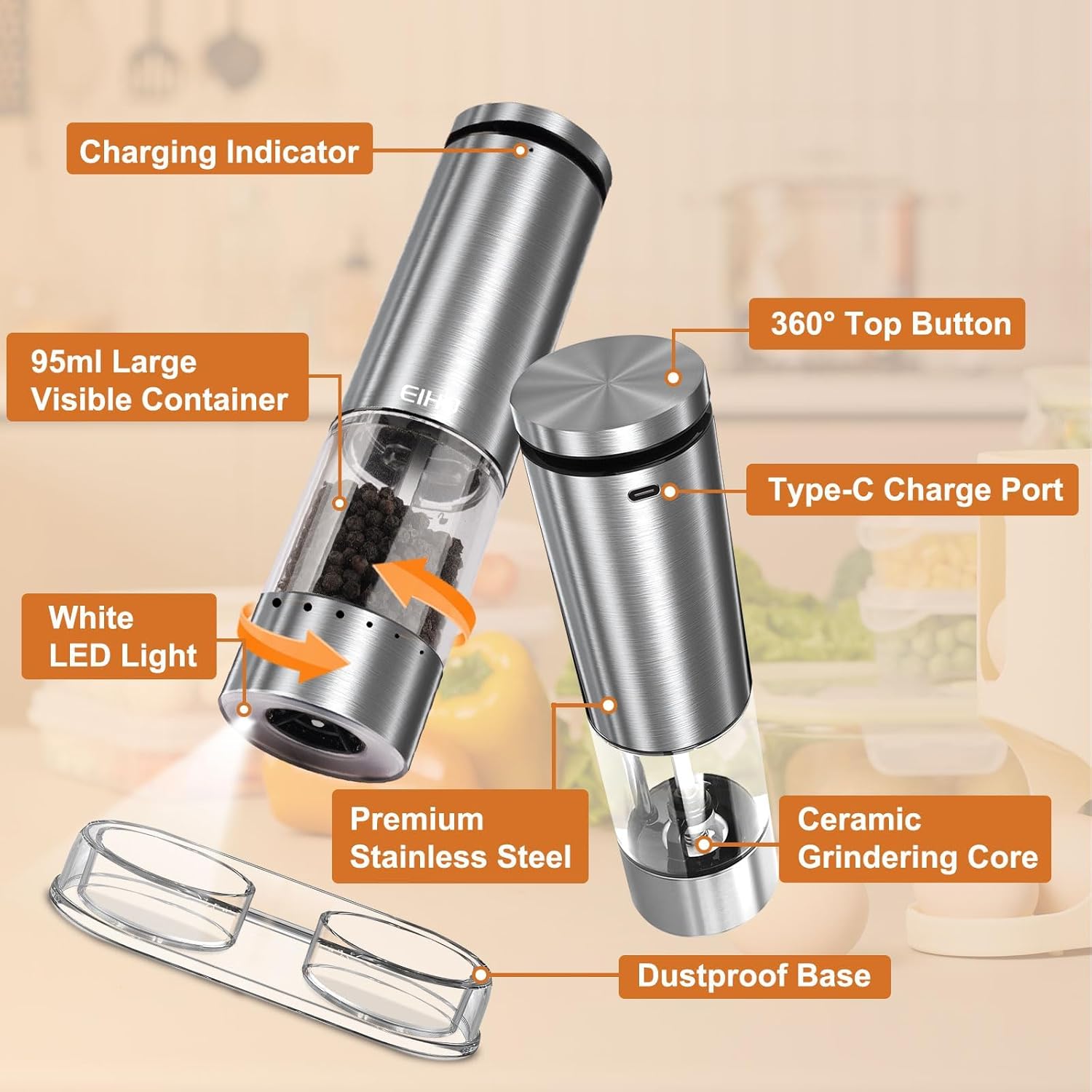 Thumbnail 3 de Electric Salt and Pepper Grinder Set with USB-C Rechargeable Power