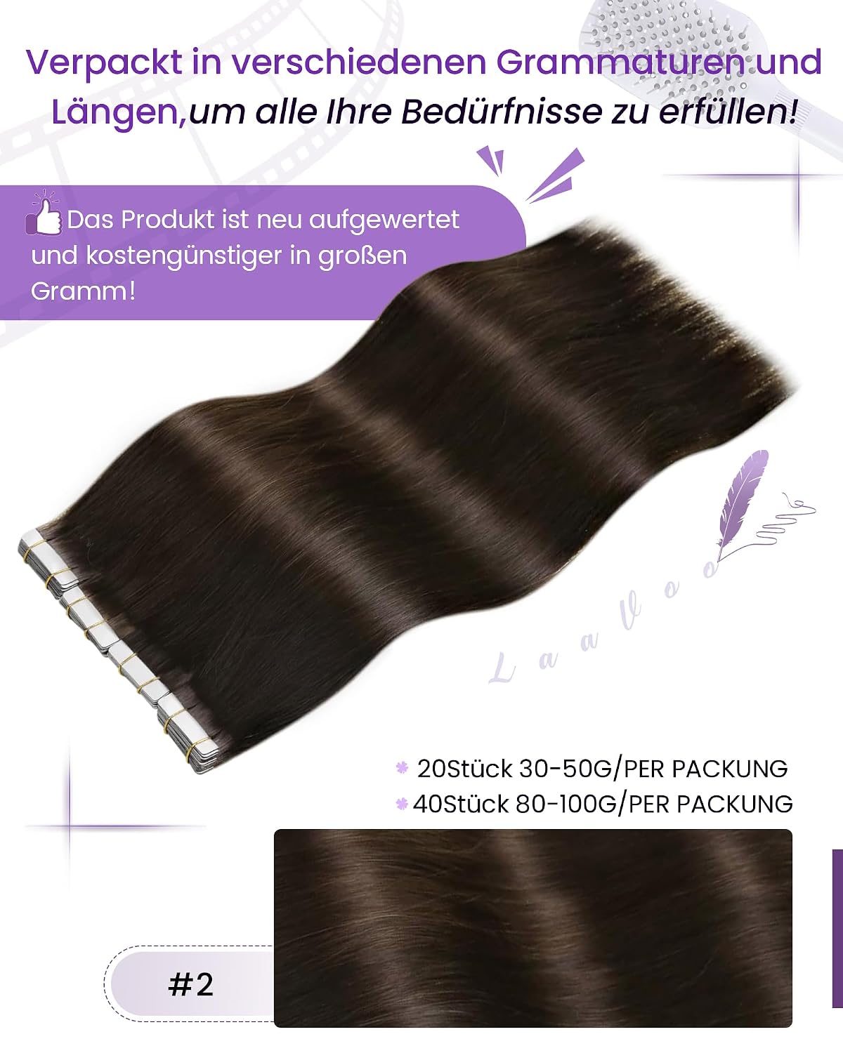 Detalle de LaaVoo Echthaar Tape-in Extensions Dunkelbraun – 20 Strähnen, 30 cm