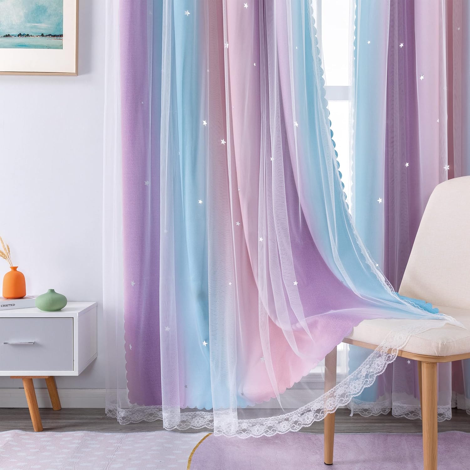 Detalle de XiDi Rainbow Pink Purple Bedroom Curtain Panel (2-Layer, 42"/90")