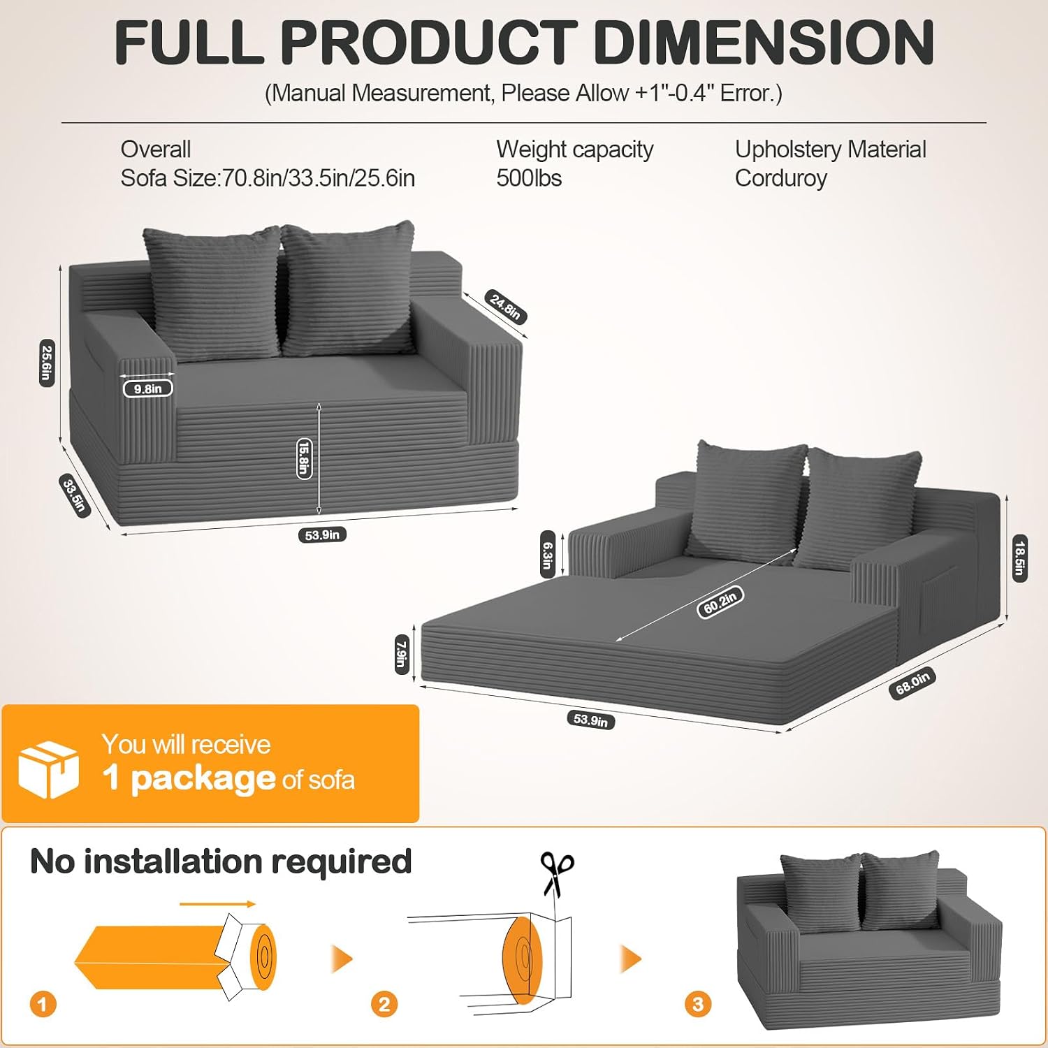Thumbnail 2 de Erament Convertible Sofa Bed Loveseat, Gray Corduroy, Folding Memory Foam