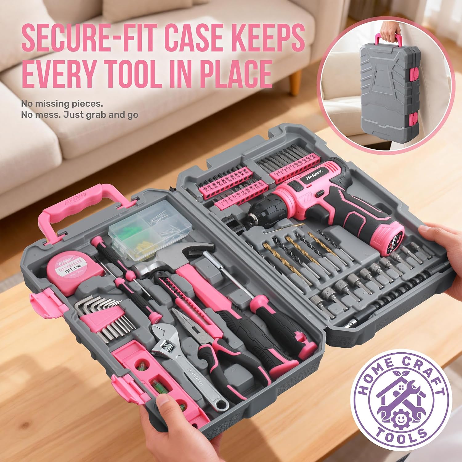 Thumbnail 6 de Hi-Spec DT30558P-DE 8V Cordless Drill and Pink Home Tool Set