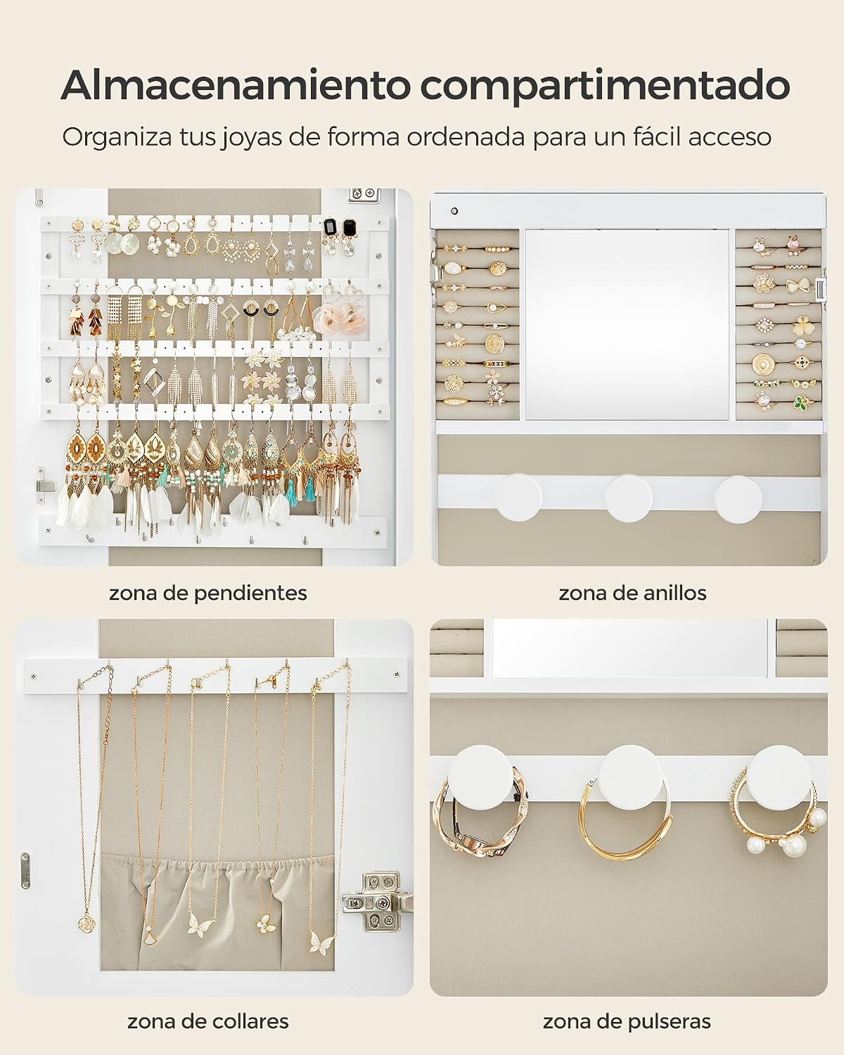 Detalle de SONGMICS JJC026W01: armario para joyas de pared con espejo, luz LED y cerradura