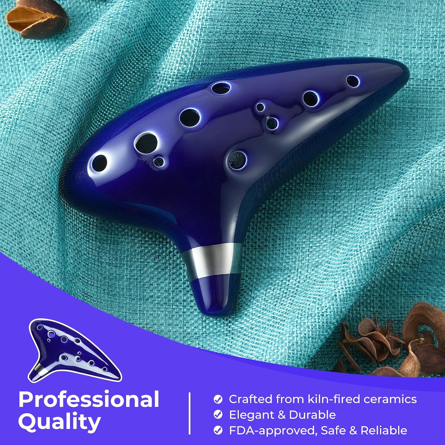 Detalle de Ohuhu Zelda Ocarina – 12-Loch Keramik-Okarina im Zelda-Design (Blau) mit Notenbuch, Display-Ständer, Halsband und Schutztasche