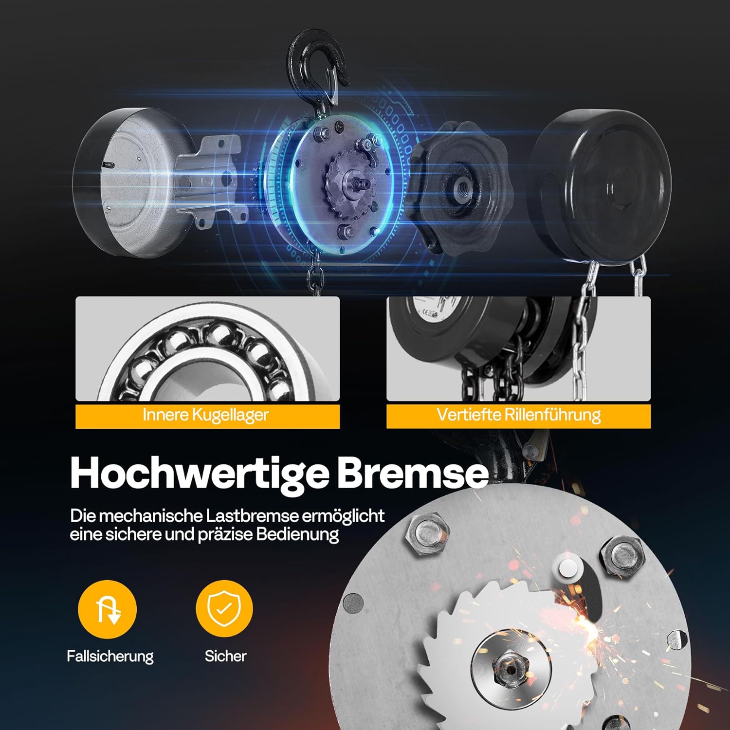 Detalle de SPECSTAR Handkettenzug 2000 kg – 3 m Hubhöhe, 2 Schwerlasthaken, manueller Kettenzug