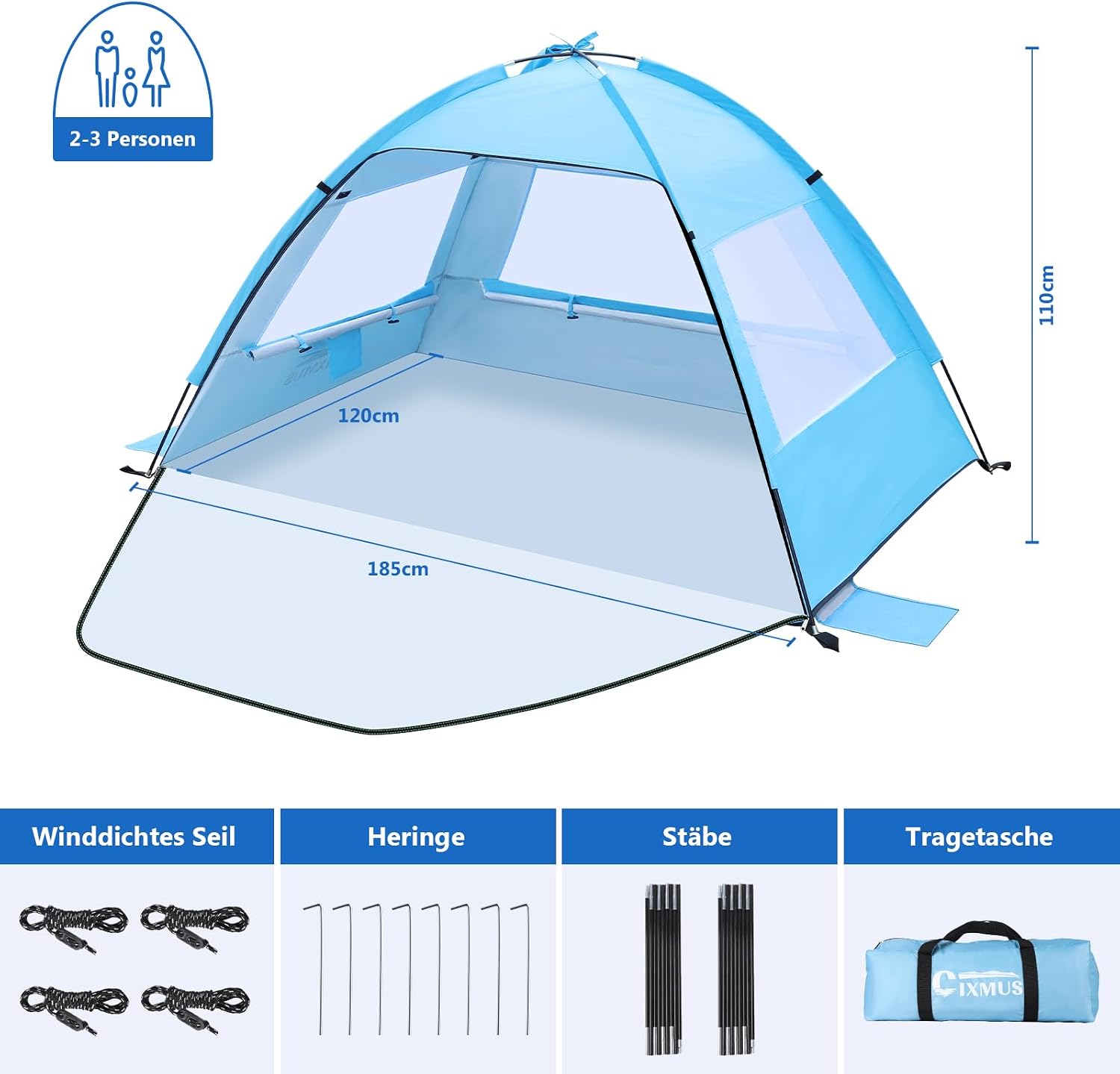 Detalle 2 de Strandmuschel für 1–3 Personen: UV-Schutz UPF 50+, wind- und wasserabweisendes Strandzelt mit kleinem Packmaß