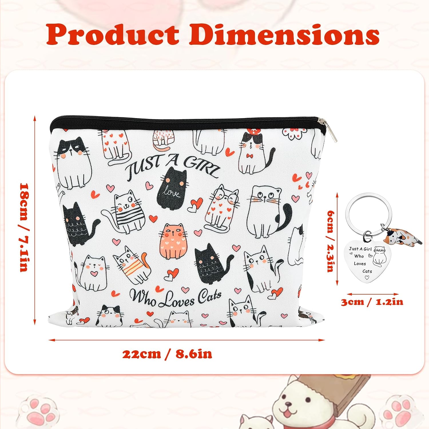 Thumbnail 1 de Cat Makeup Bag with Just a Girl Who Loves Cats Keychain – Portable, Lightweight Pouch for Cat Lovers
