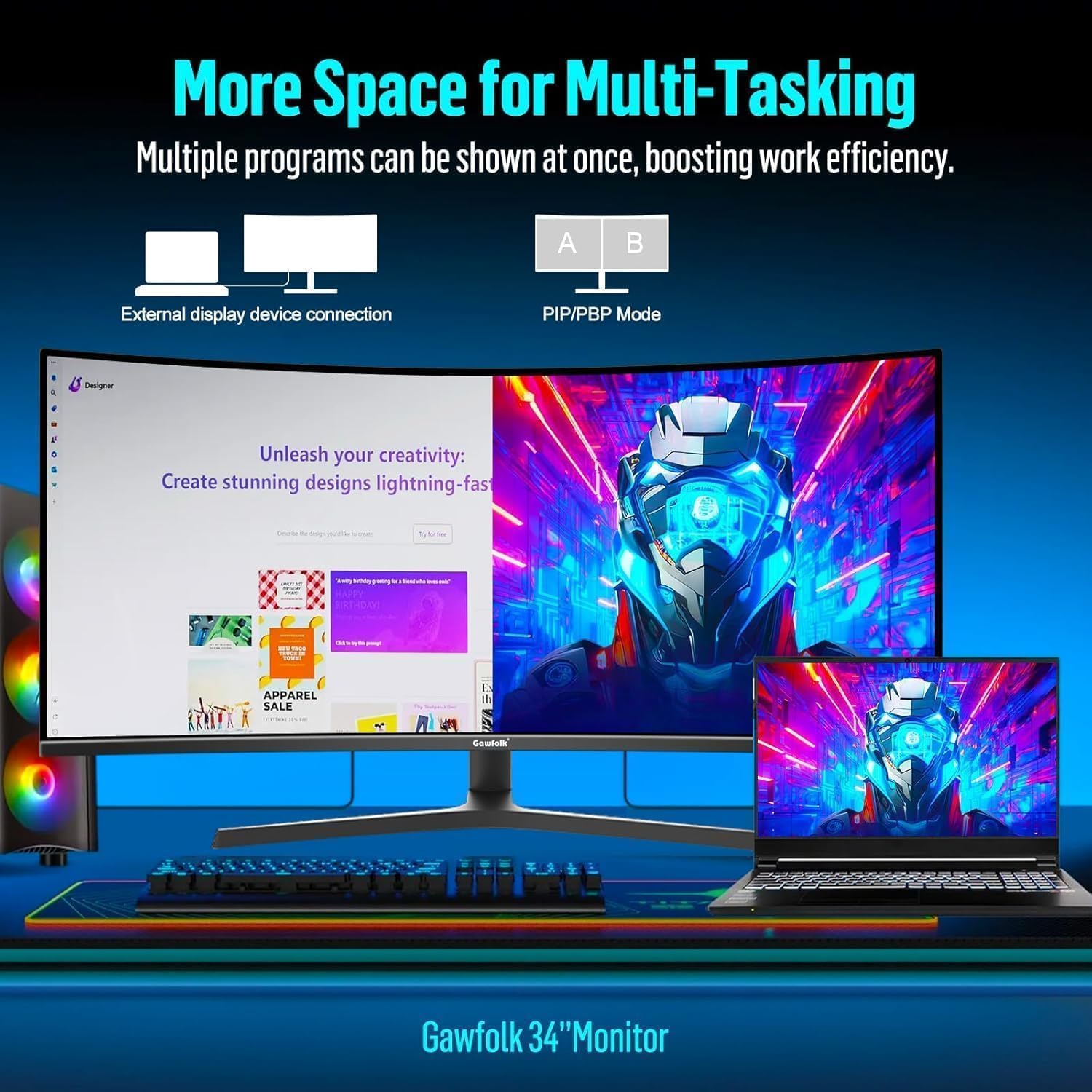 Detalle 2 de Gawfolk 34 Inch Ultrawide Curved Gaming Monitor – 3440x1440, 165Hz, FreeSync, 1500R