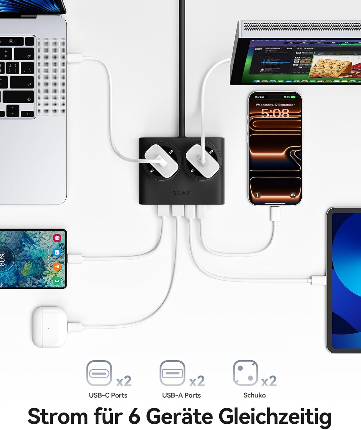 Thumbnail 1 de ORICO 25W GaN Mehrfachsteckdose 6-in-1 (2× AC + 4× USB, 1,6 m Kabel)