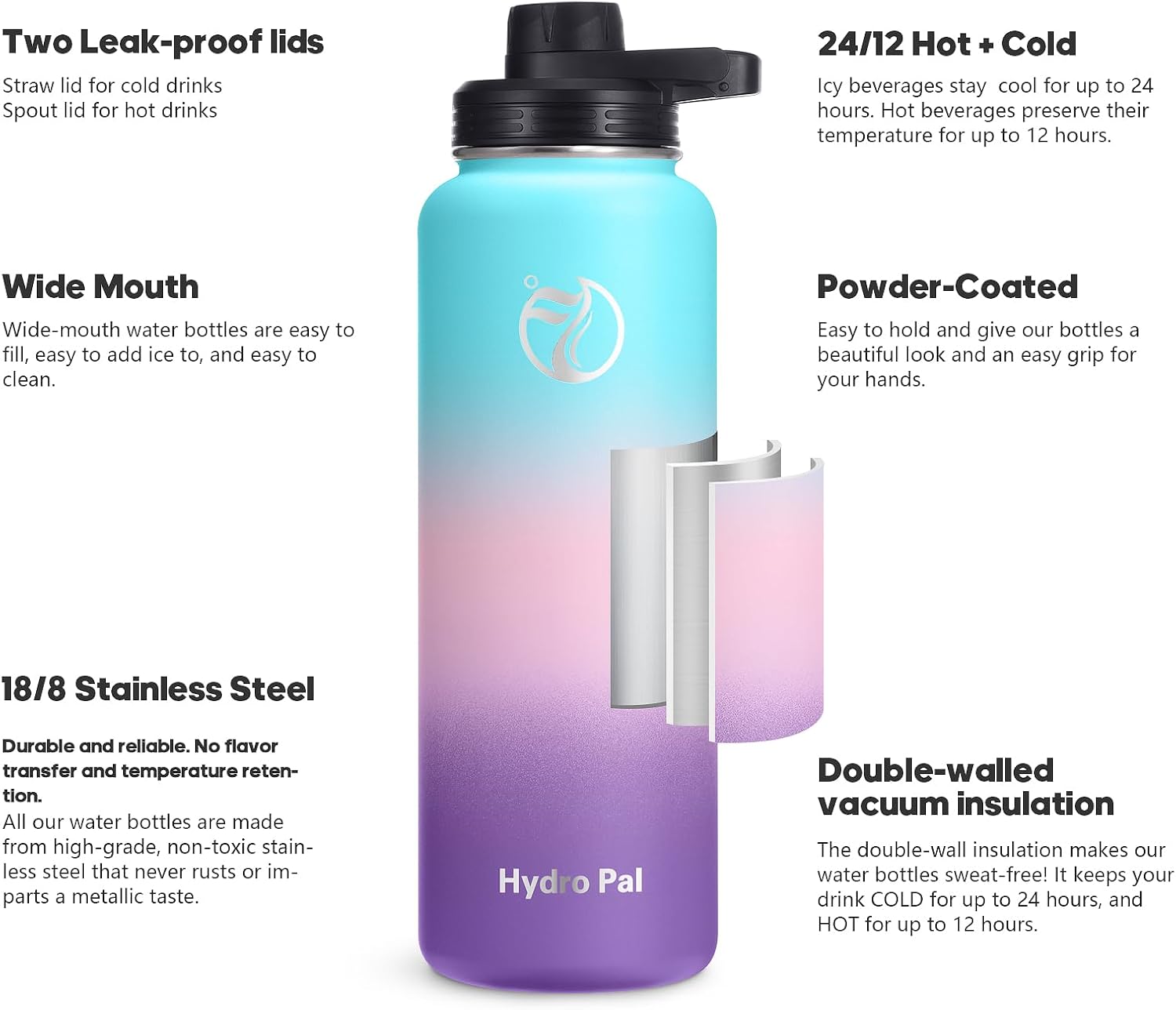 Detalle de HydroPal HydroPal Vacuum Insulated Stainless Steel Water Bottle (18/8) with Straw & Spout Lids – 1.9L to 500ml