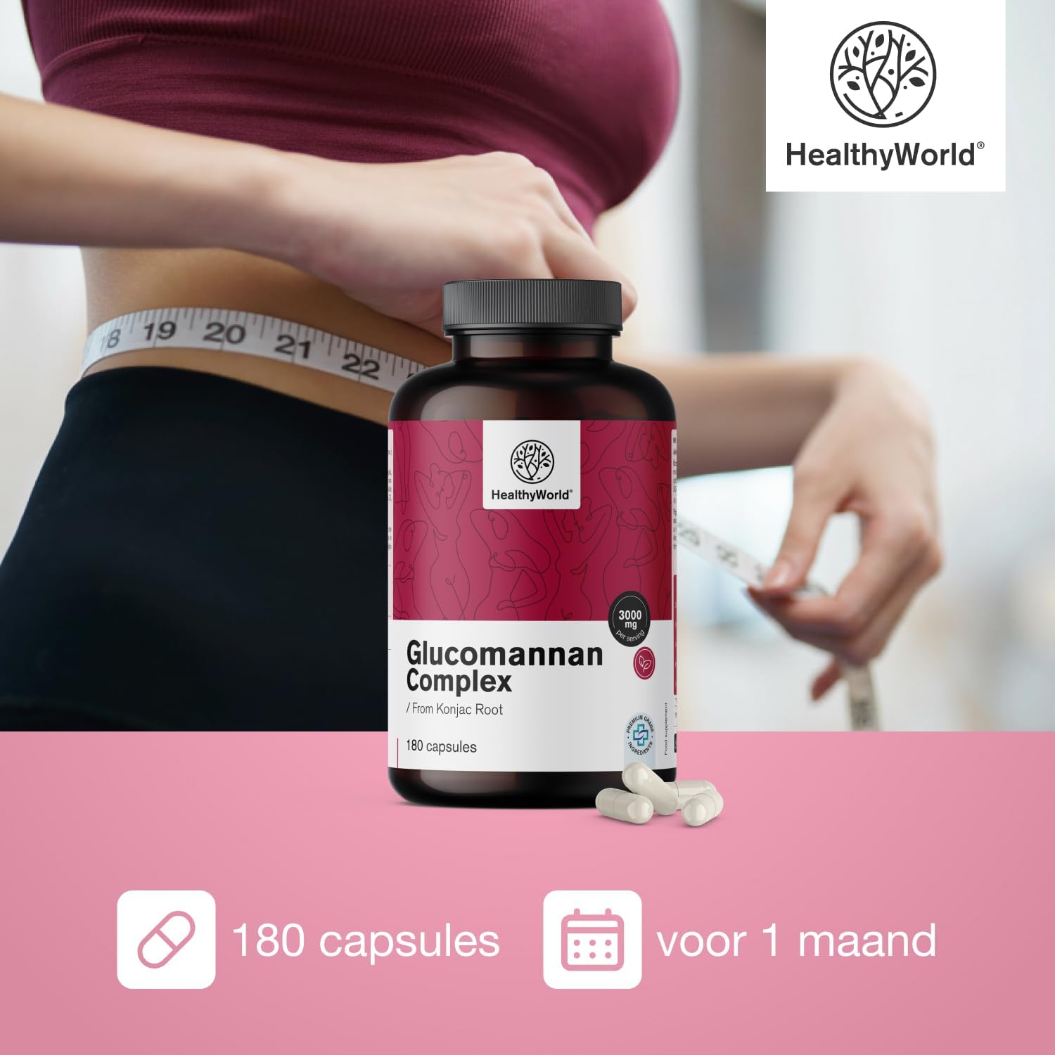 Detalle 2 de HealthyWorld Glucomannan Complex 3000 mg capsules met choline, chroom en D3