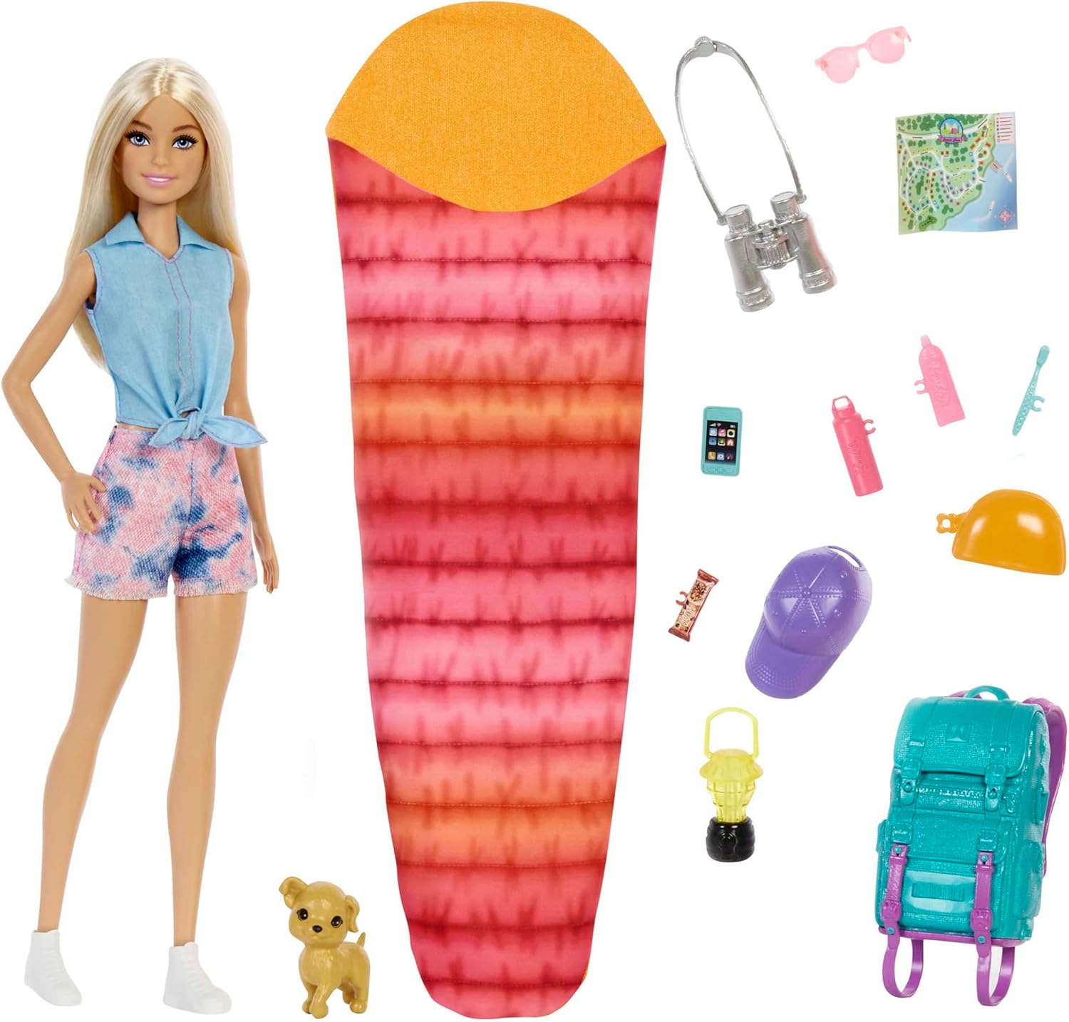 Barbie Camping Serie – 1x Puppe mit blonden Haaren mit Outdoor-Set (HDF73)